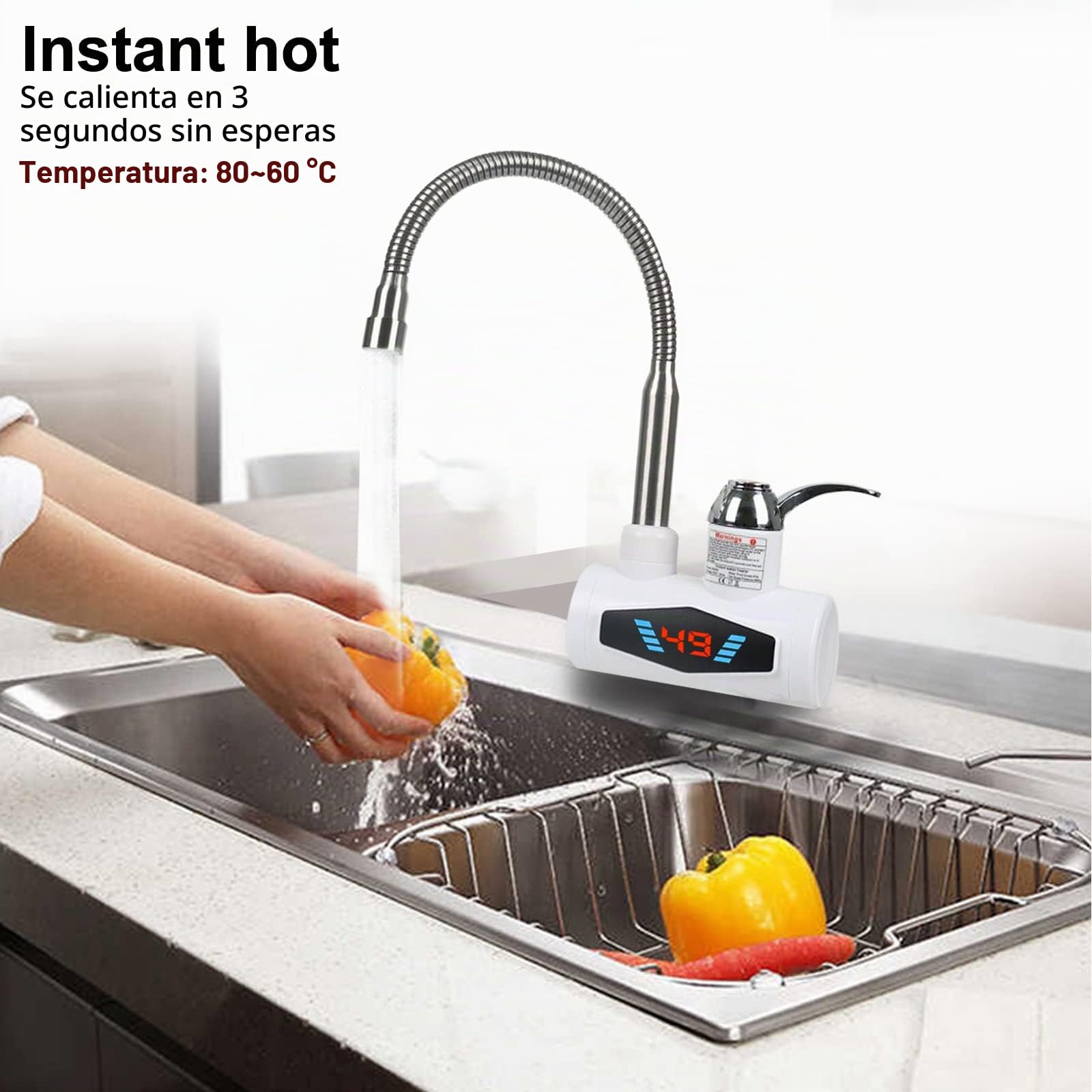 Grifo calentador de agua eléctrico 220 V, calentador de agua eléctrico rápido con indicador digital de temperatura LED, 3000 W, para cocina, baño (entrada de agua lateral)
