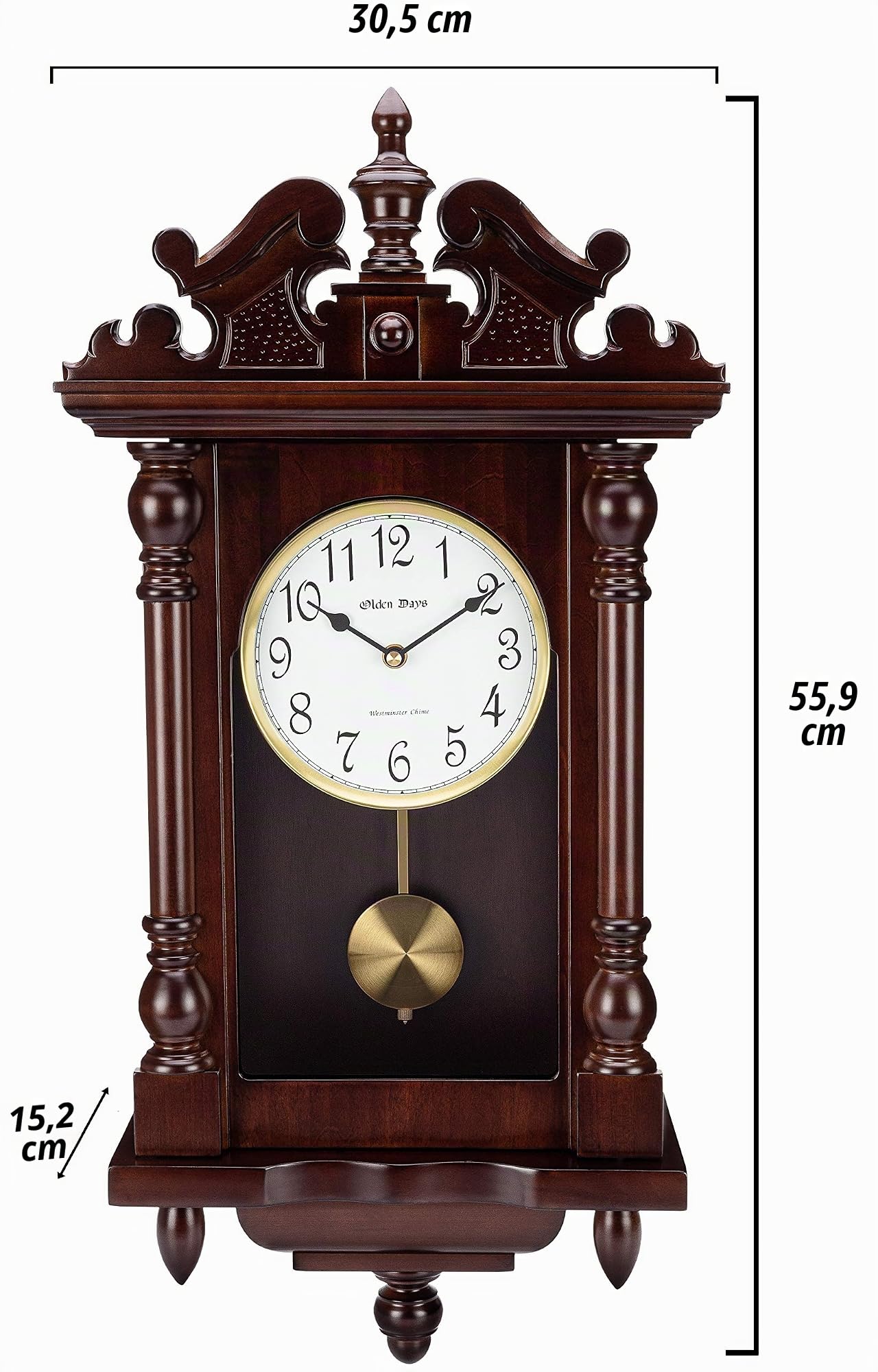 Reloj de Pared con Madera auténtica, 4 Opciones de Campanilla, péndulo oscilante, diseño Vintage Antiguo, tamaño Grande de 22 Pulgadas