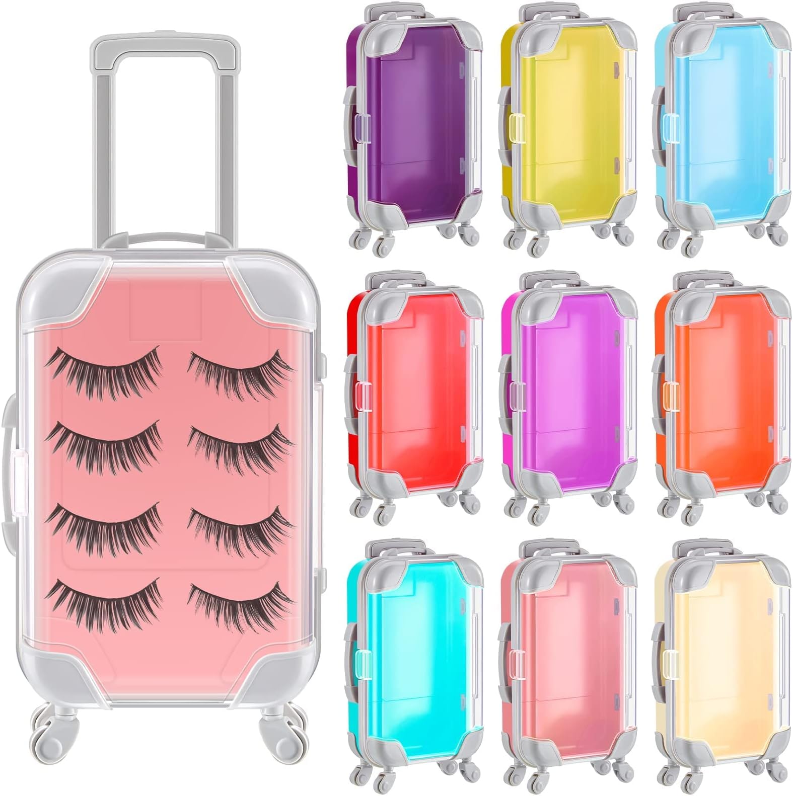 TERRIFI12 Pack False Eyelashes Packaging Box Plastic Mini Suitcase Favor Box Rolling Empty Lash Boxes Trolley Tiny Suitcase Miniature Candy Box for Travel Theme Parties and Celebrations