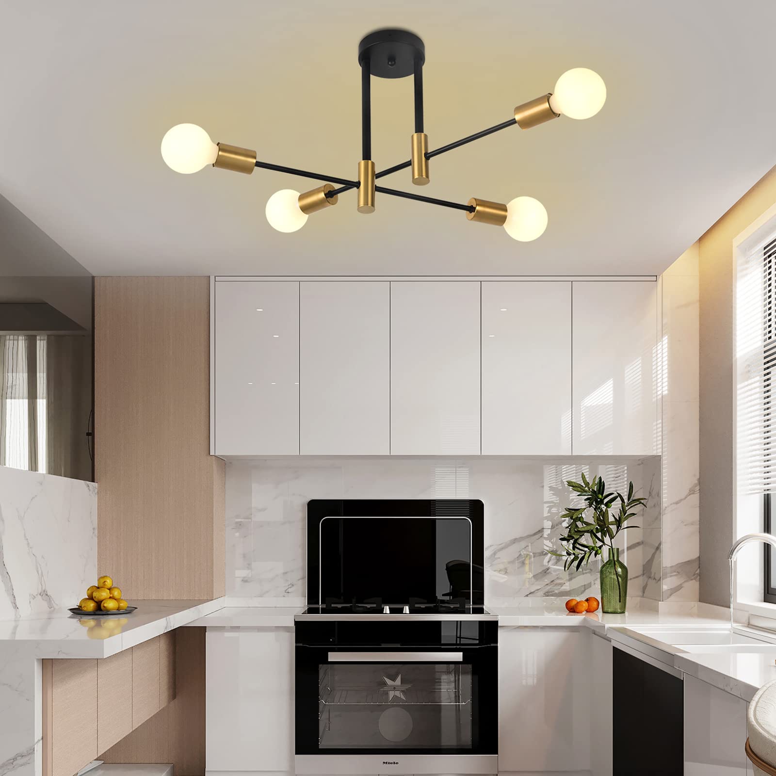 ZYDTRIP Deckenleuchte Vintage, Sputnik Kronleuchter Industrial Modern Hängelampe für Wohnzimmer Esszimmer Flur Restaurant Hotel, 4 Flammig Gold E27