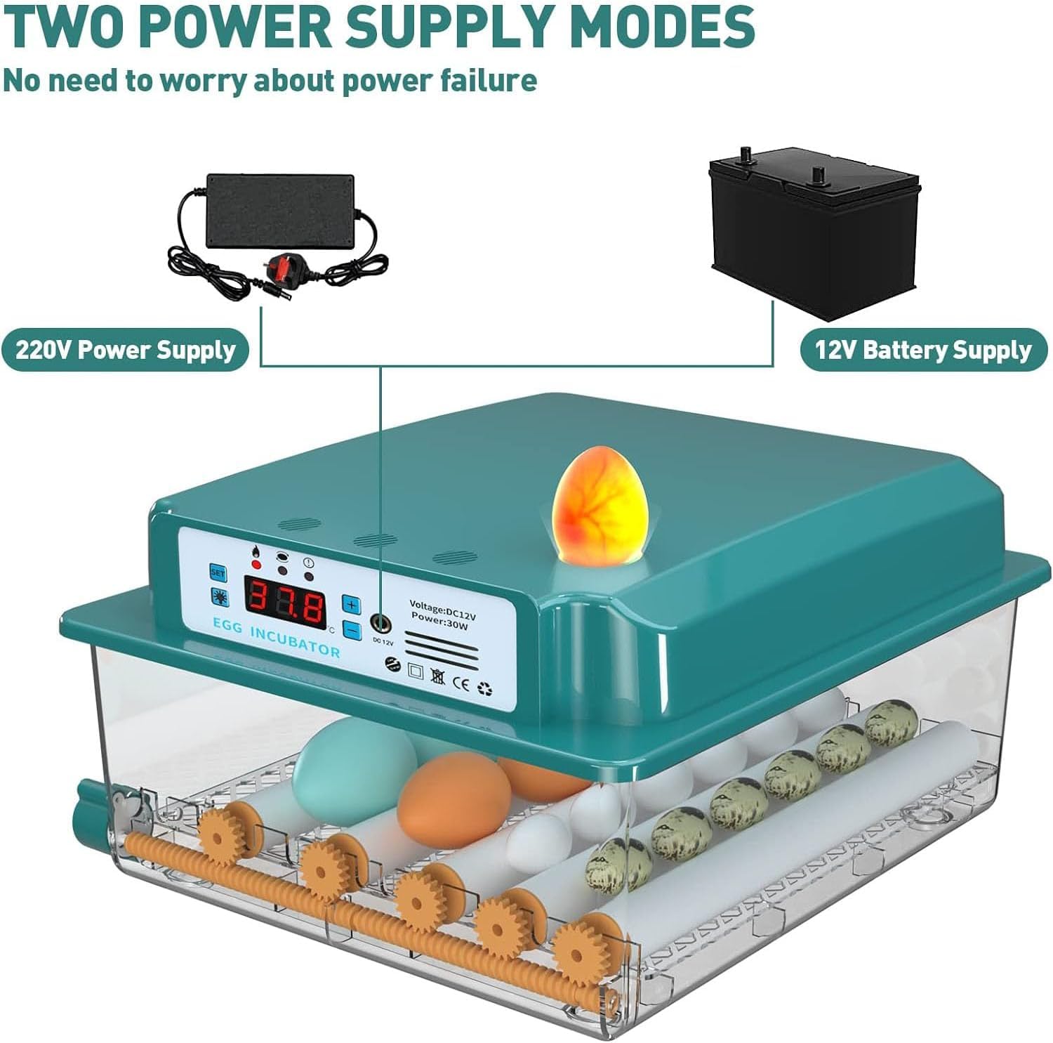 Incubadora de huevos con giro automático, control de temperatura y humedad, reposición de agua, 5 modos de incubación, adecuada para huevos de codorniz, pato y gallina, capacidad para 120 huevos
