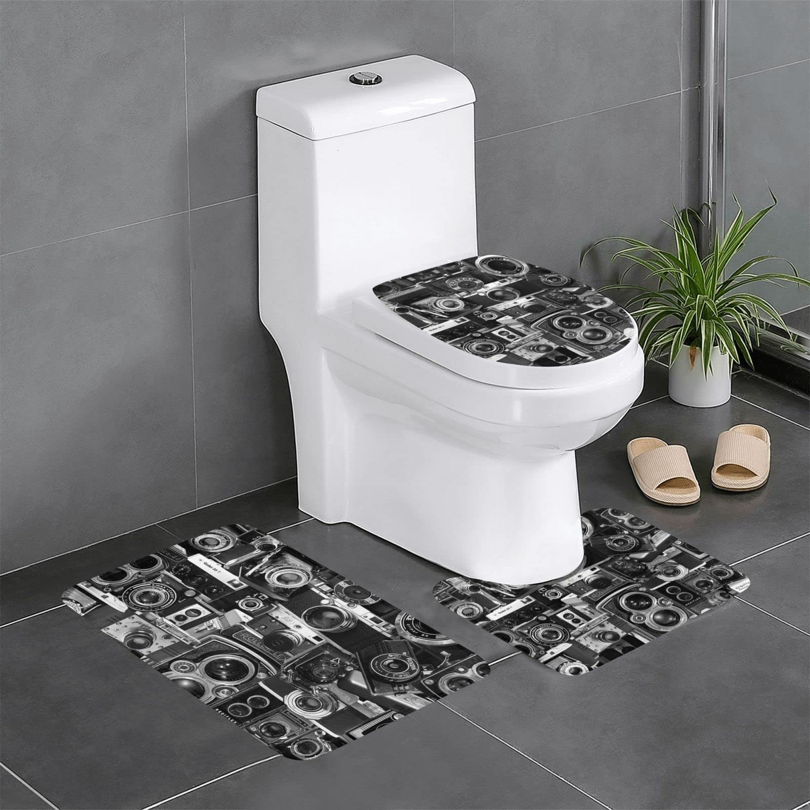 Tapis de bain rétro caméra lot de 3 antidérapant avec contour et couvercle