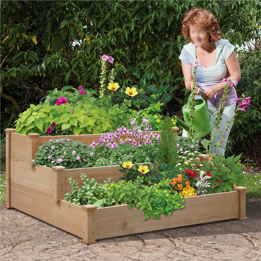 Yaheetech Huerto Urbano Terraza Jardinera de Madera Abeto Kit Cultivo Exterior para Plantas Flores Verduras 120 × 120 × 56 cm