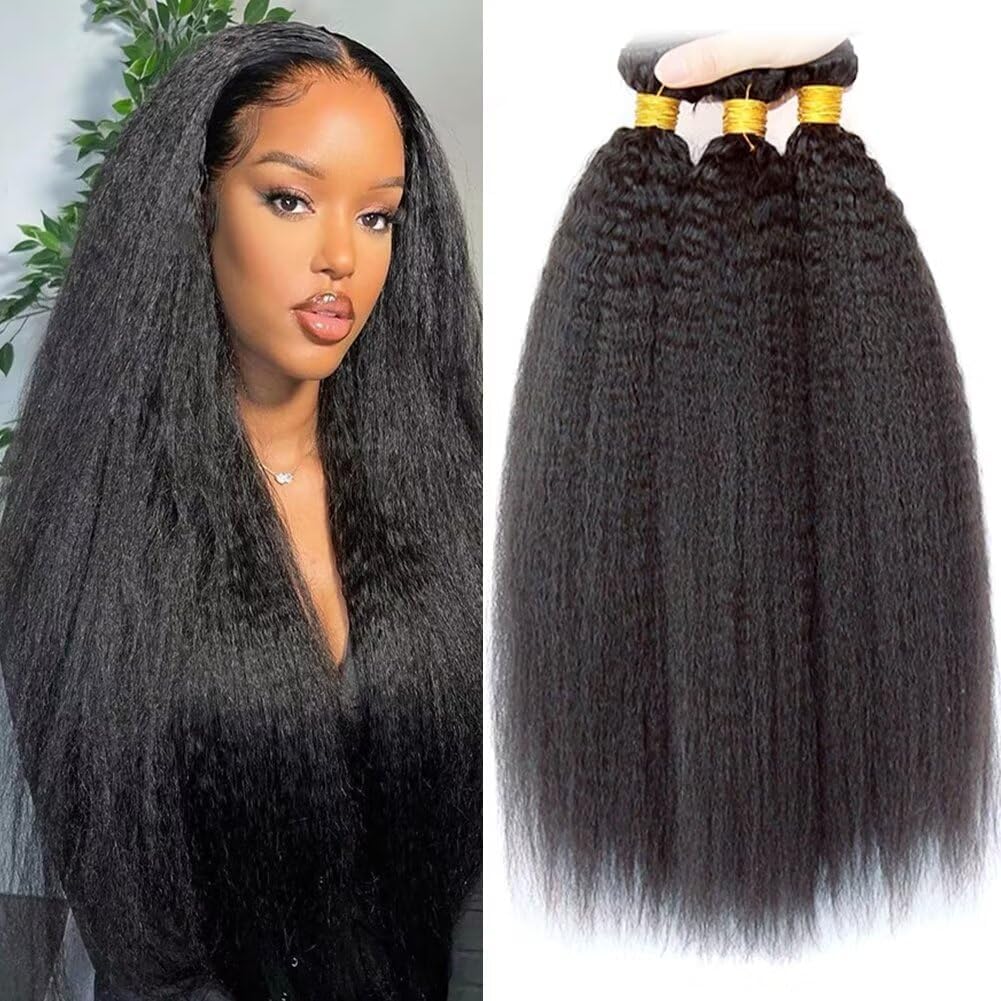 Yaki Straight Bundles Human Hair Bundles 10 12 14 inch Kinky Straight Hair 3 Bundle 10A Brazilian Kinky Straight Human Hair Weave For Black Women Natural Color