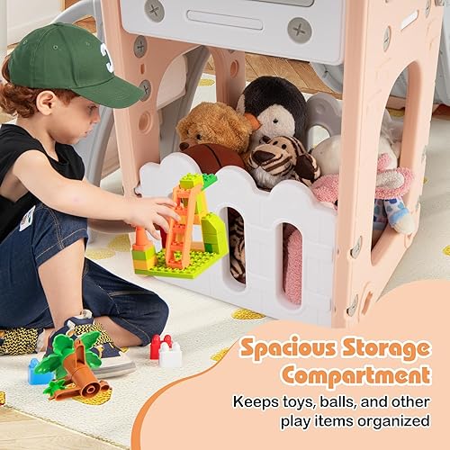 Miniatura 5 de BABY JOY Tobogán para niños pequeños, juego de tobogán 6 en 1 para interiores con aro de baloncesto, telescopio, escalera de escalada y espacio de