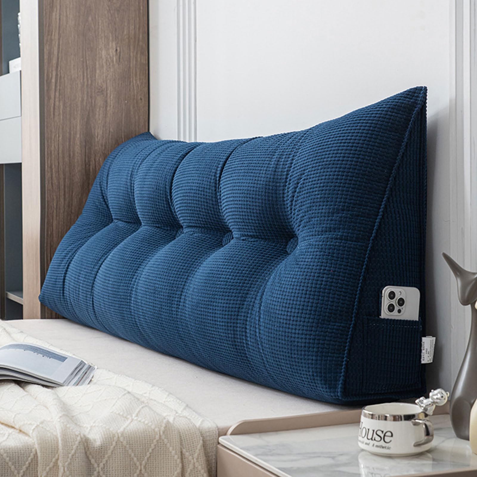Almohada Triangular Grande con Cuña Triangular para Respaldo, Almohada de Lectura de Cabecera, Vistoso Cojín de Apoyo Lumbar, Cojín de Posicionamiento para Sofá Cama,Azul,80cm