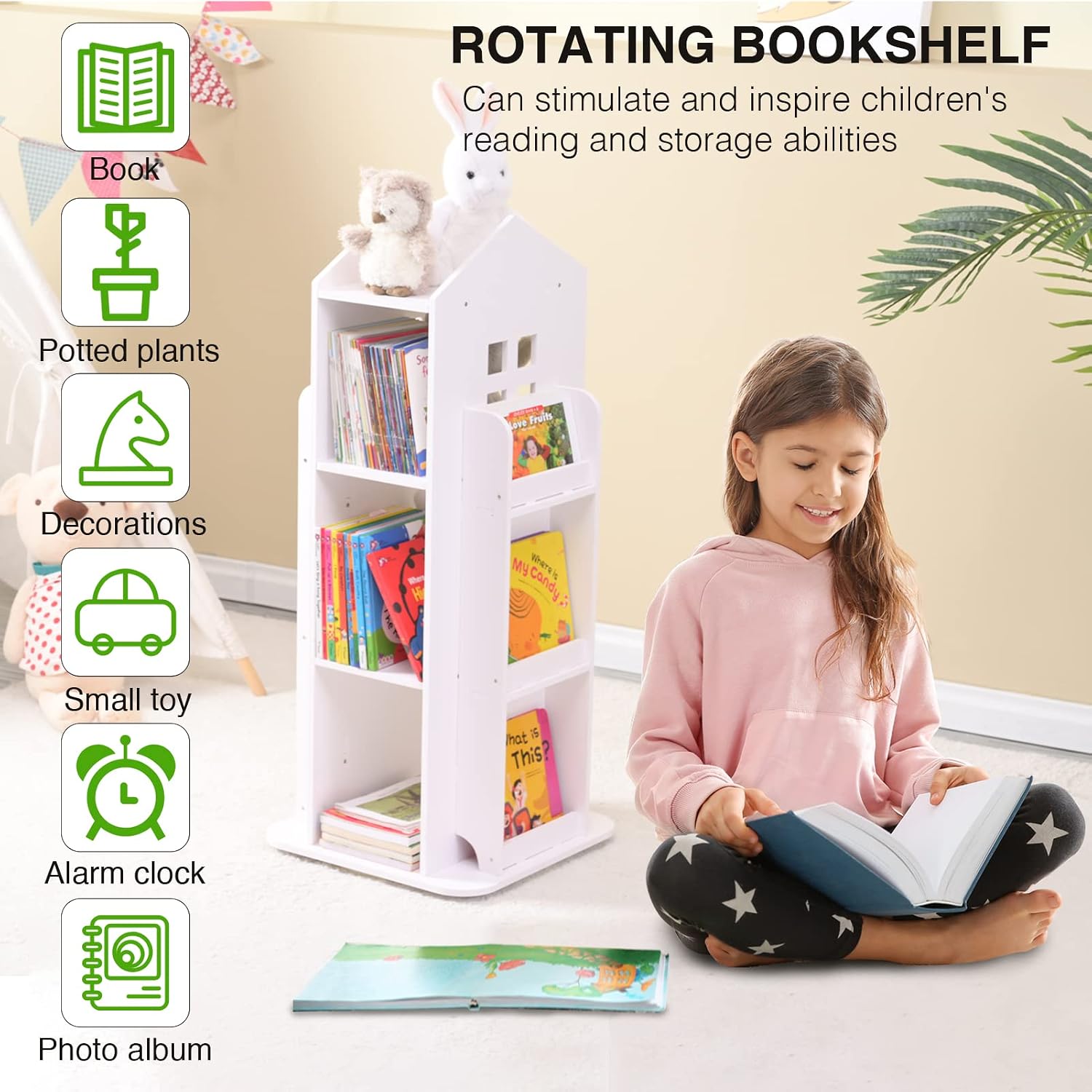 Rotating Bookshelf 360 Display 3 Tier Floor Standing Bookcase | Storage Rack Kids Book Shelf Organizer Small Corner White Bookshelves for Small Space for Bedroom Living Room