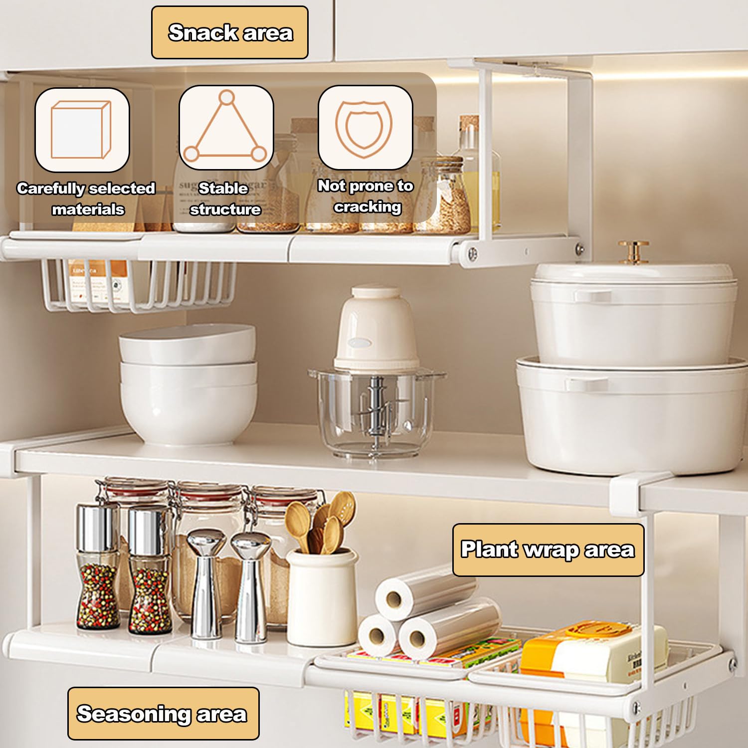 Cesta de almacenamiento para colgar debajo del estante, organizador deslizante ajustable para lavandería, cocina, despensa, escritorio, estantería