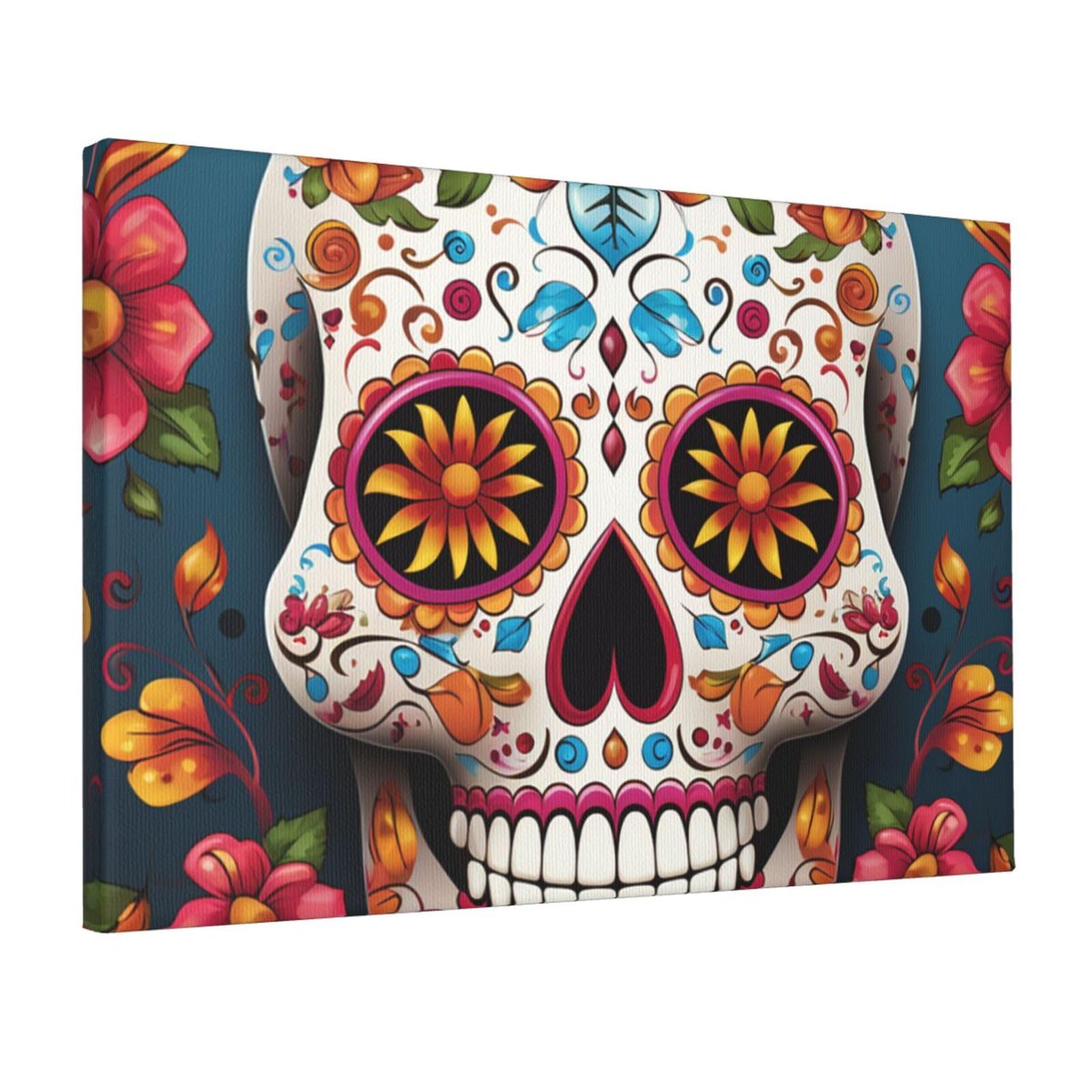 Fodpand Colorful Sugar Skull Unframed Canvas Wall Art,Modern Posters Print Wall Decor Canvas Oil Painting For Bedroom Living Room Bathroom Wall Hanging Artwork Ready To Hang 12"X18"