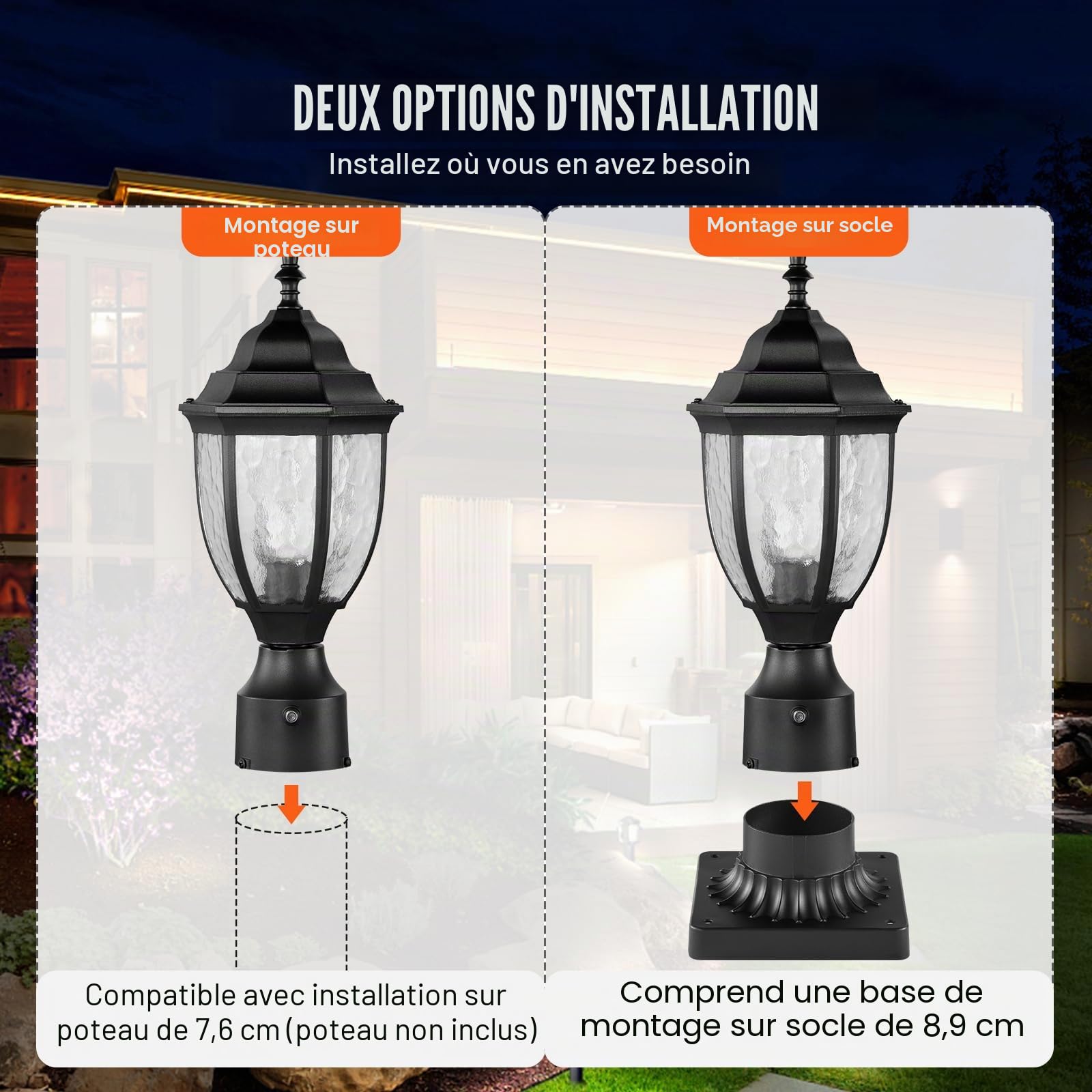 VEVOR Lampadaire extérieur, lot de 2, luminaires étanches 390 mm, avec base de montage sur pilier 9 cm, abat-jour verre, éclairage anti-foudre crépuscule à l'aube pour patio, jardin, allée, terrasse
