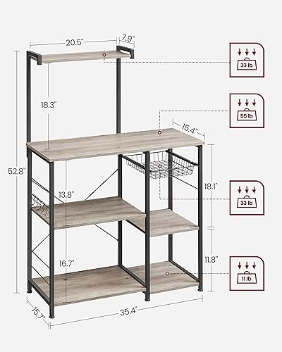 Miniatura 43 de VASAGLE Estante para panadero, soporte para microondas, estante de almacenamiento de cocina con cesta de alambre, 6 ganchos y estantes, para Marrón