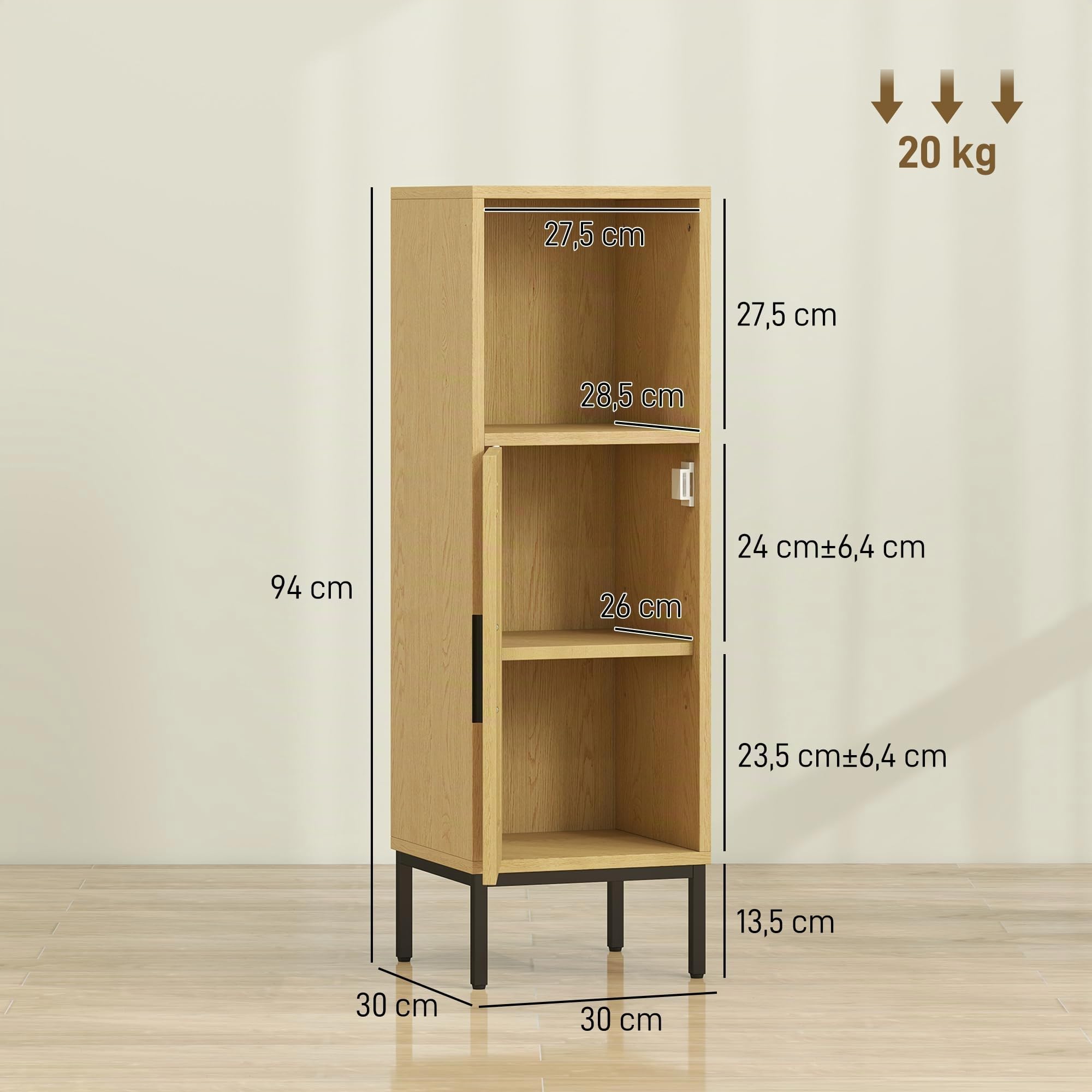 HOMCOM Badezimmerschrank Schmal mit Verstellbarem Regal, Natur