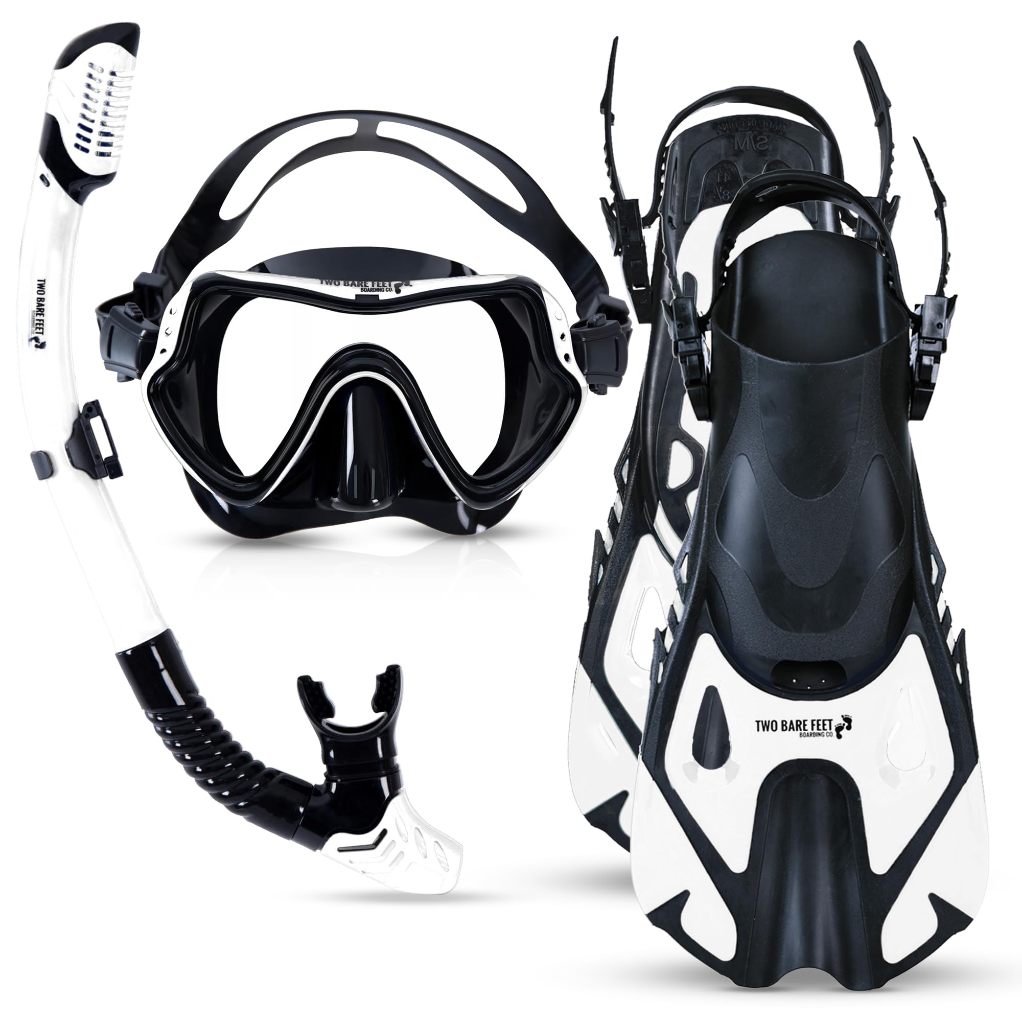 Two Bare Feet Adults 3 Piece Silicone Mask, Snorkel and Fins Diving Set, Anti Fog Anti Leak Snorkelling Set - Style 3 (White, (M1001S+S11S+F01), (L/XL), UK8.5-11.5) โ image 1
