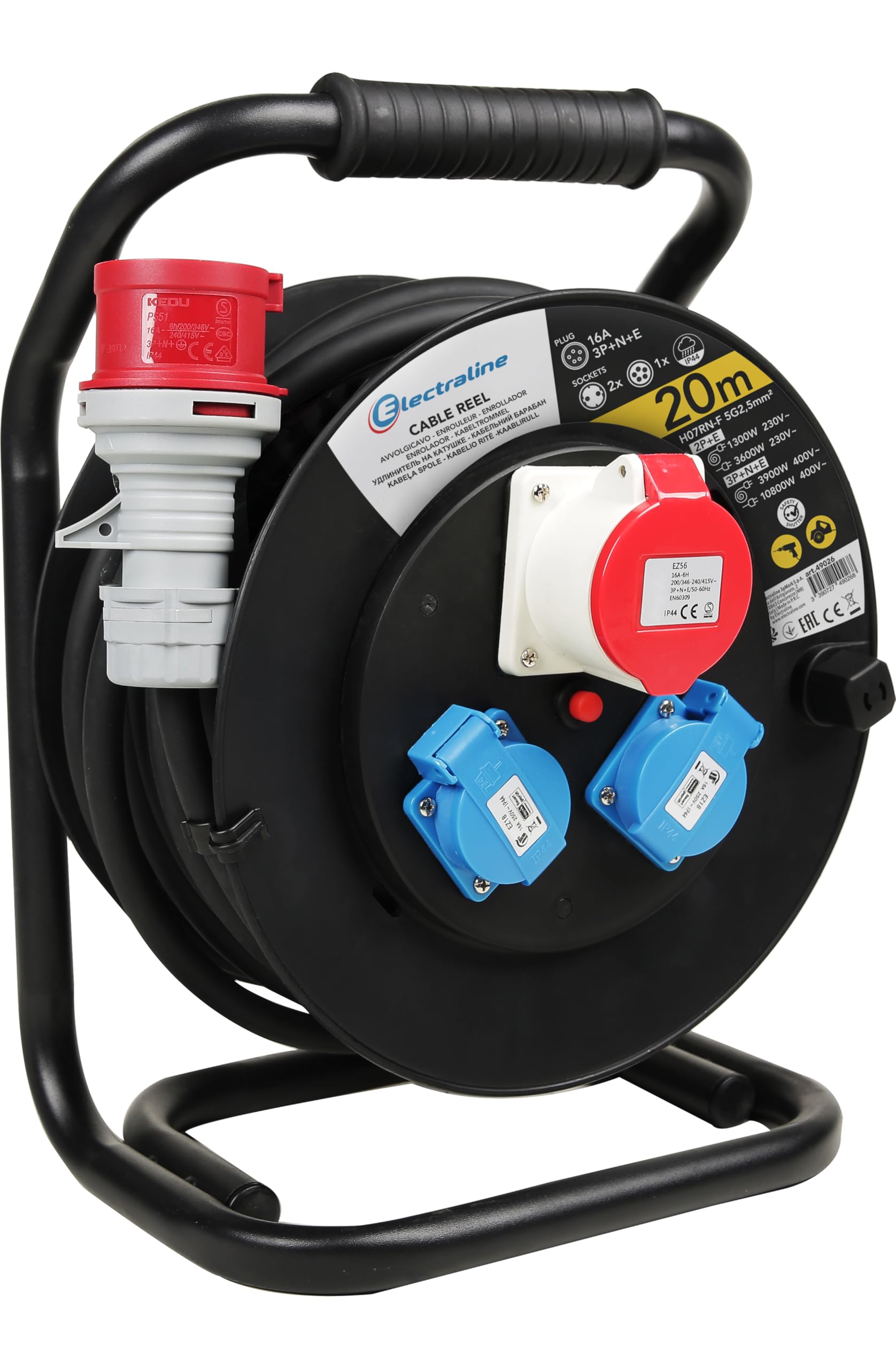 Electraline 49026LV Carrete de Cable Profesional con extensión de Goma, 20 m, H07RN-F, sección Transversal 5G2,5, para Obras y áreas de Trabajo, IP44, Negro