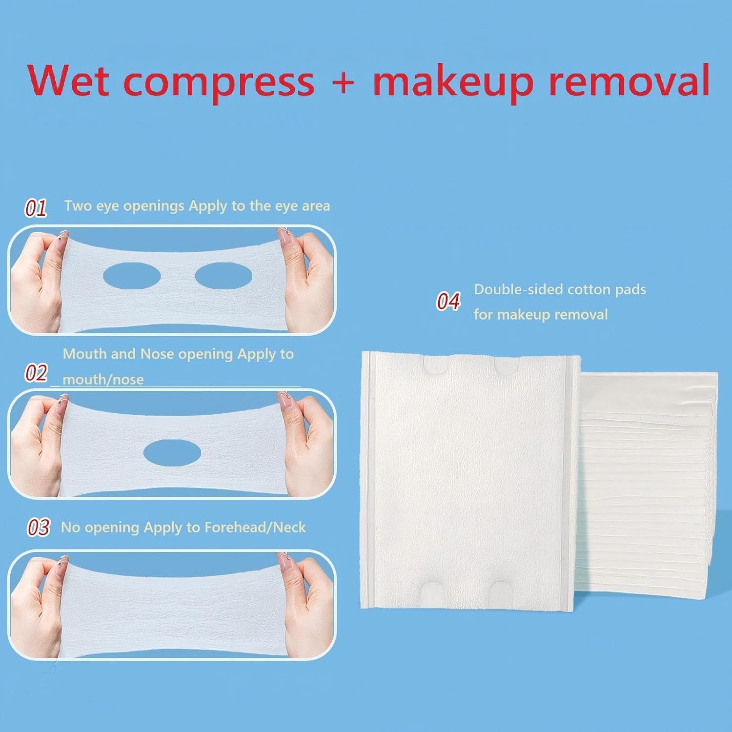 4-in-1 Hypoallergenic Wet Compress Pads and Makeup Removal Cotton Pads, No Need to Trim-Opened Stretchable Wet Pads for Facial Application, Facial Mask Sheets Ideal for Cosmetic Use