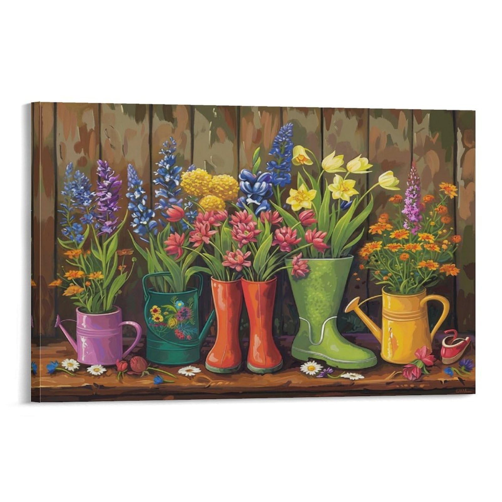 CPLVKWRQJ Spring Flowers in Boots Individual Rain Boots Filled with Assorted Garden Blossoms Canvas Wall Decor - Nursery Wall Hanging Space Saving Removable Ready to Hang 08x12inch(20x30cm)