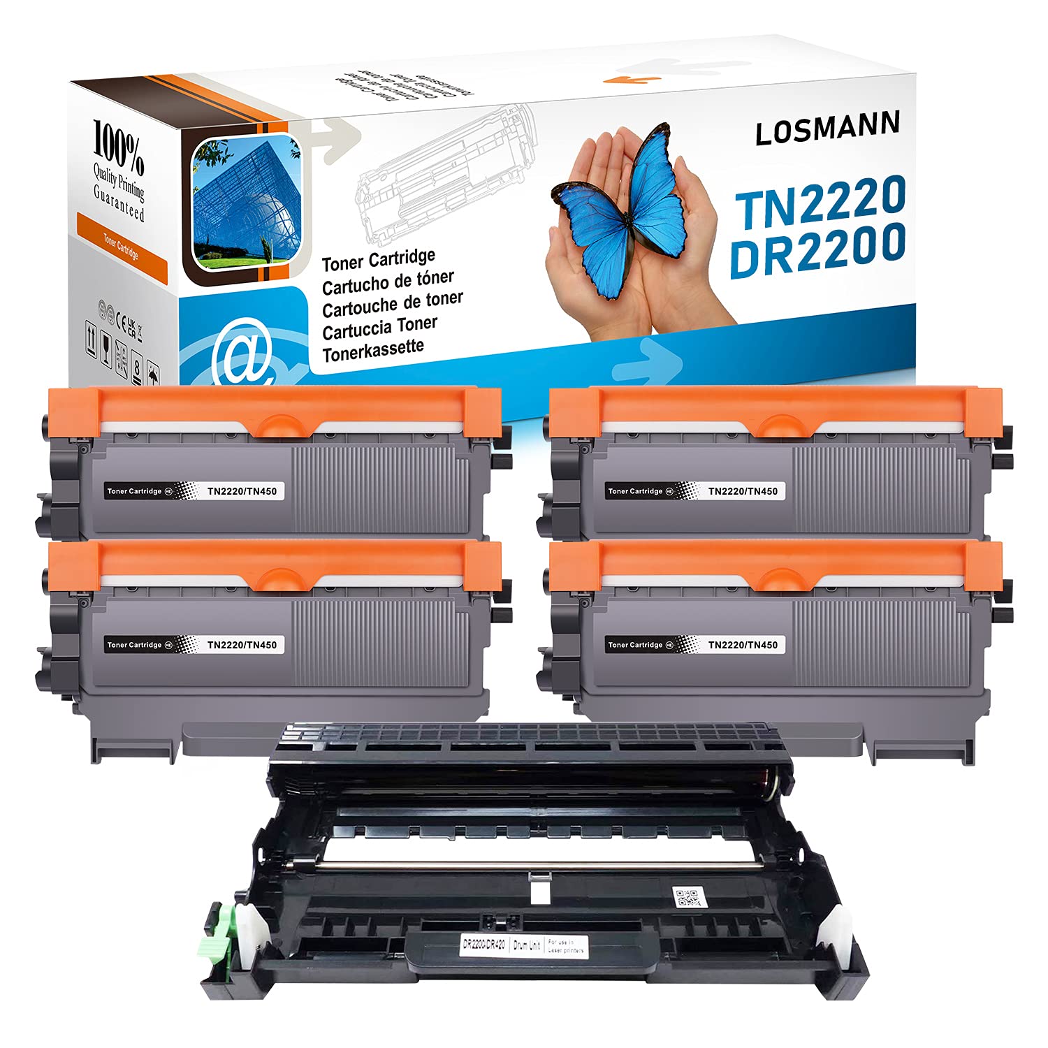 LOSMANN 4X Toner-Kartusche & 1x Trommel Kompatibel zu Brother TN2220 TN2010 DR2200 für Brother DCP-7057 DCP-7060D DCP-7060N DCP-7065DN DCP-7070DW FAX-2840 HL-2130 HL-2132 HL-2135W HL-2215 MFC-7860DW