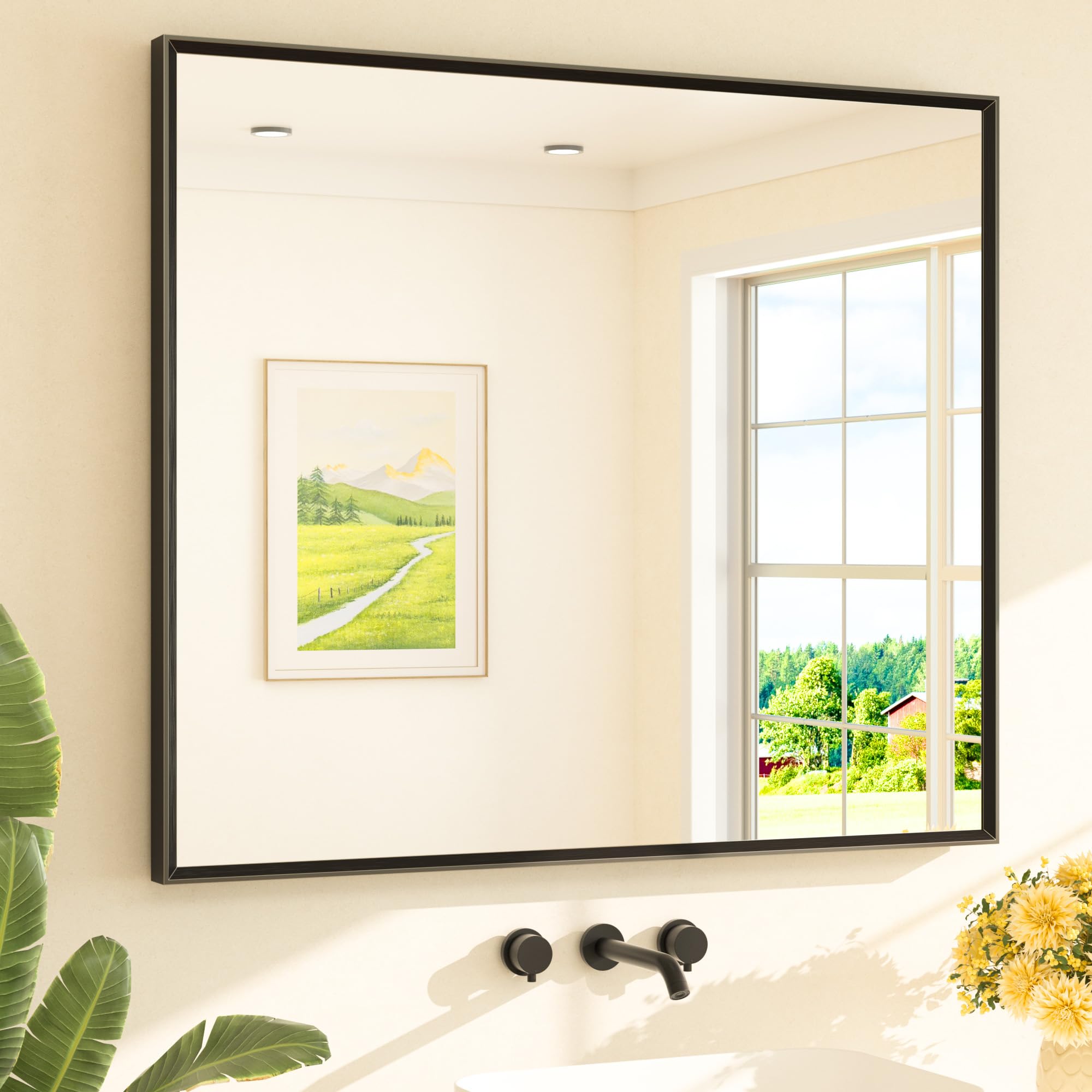 TETOTE Matte Black Mirror 42 x 36 Beveled Rectangle Bathroom Vanity Mirror for Over Sink, Tempered Glass, Shatterproof, Wall Mounted for Bedroom, Entryway, Farmhouse(Horizontal/Vertical)