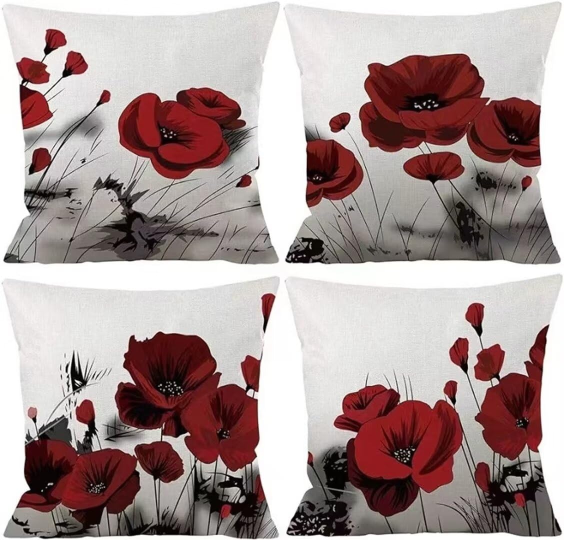Housses de coussins en lin 50x50 cm lot de 4 à motif coquelicot rouge