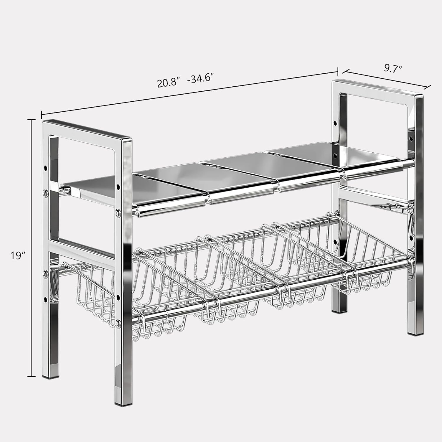 Large Under Sink Organizer 2 Tier Expandable Heavy Stainless Steel Shelf Adjustable Height for Under Kitchen Bathroom Sink Organizers and Storage (Large Size: 4 Panels 4 Storage Baskets) - Image 2