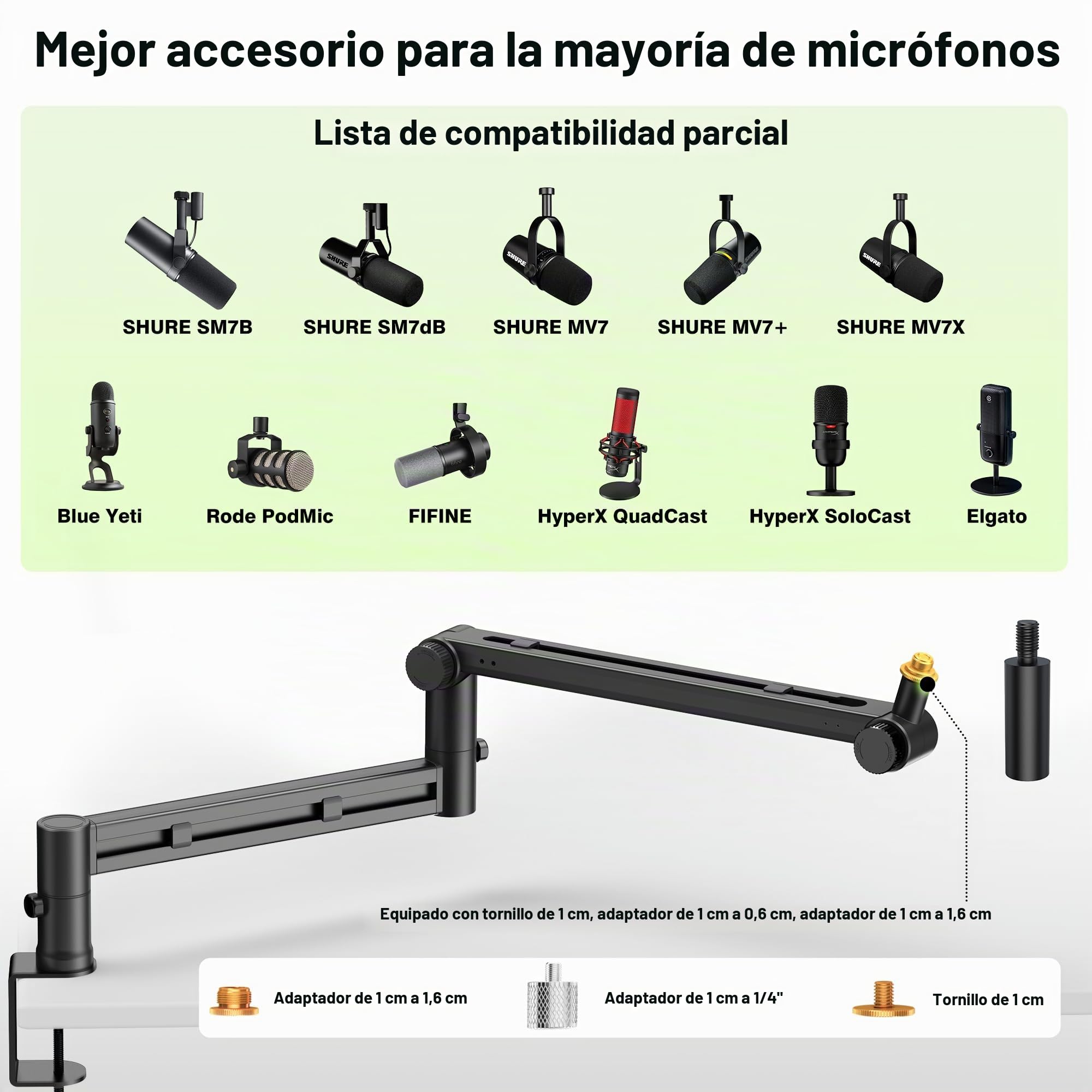 Brazo de suspensión bajo perfil (diseñado para micrófonos pesados) - Capacidad de carga de 3 kg, estructura de bloqueo de engranaje estable que nunca se baja, soporte de micrófono de metal montado en