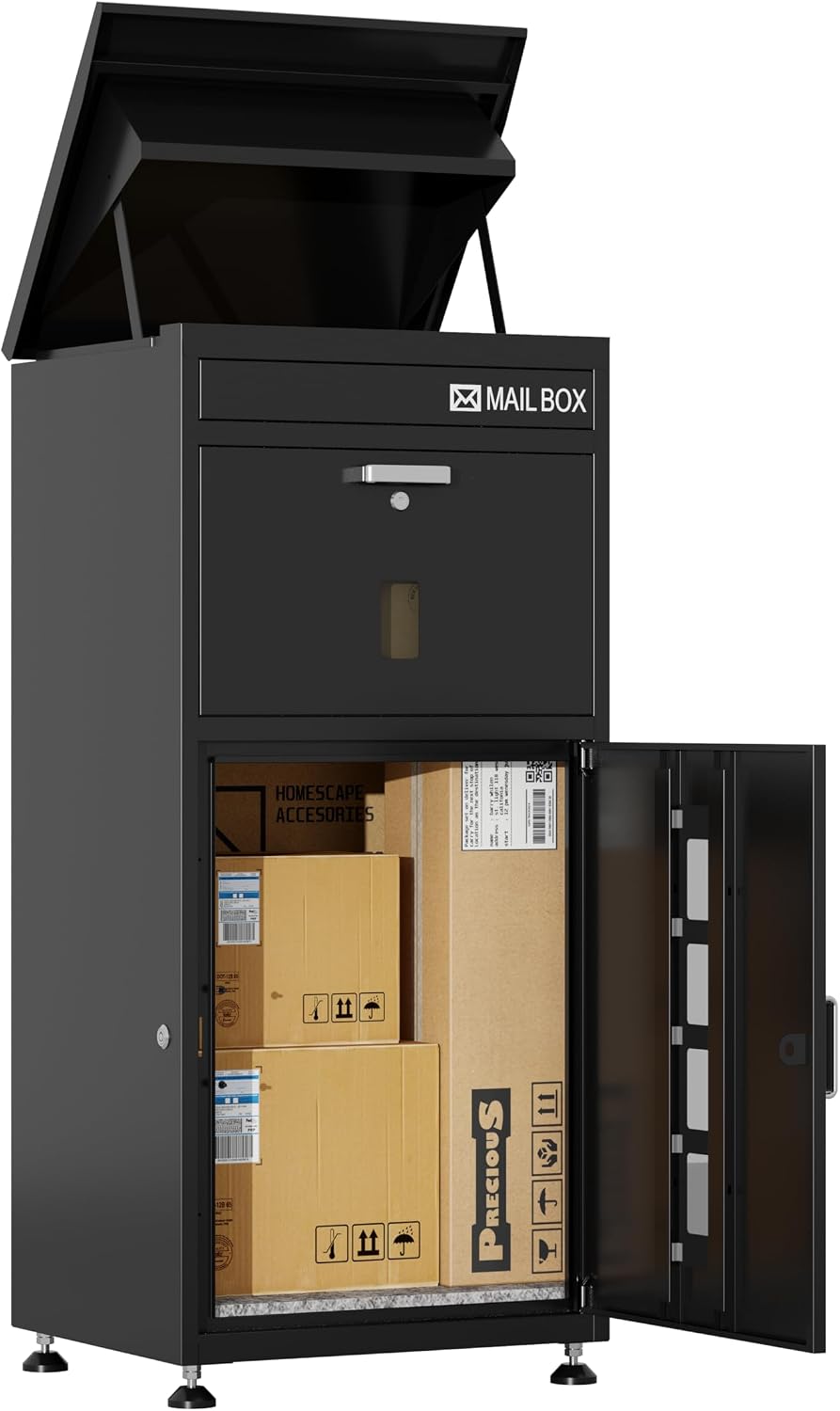 Large Package Delivery Box for Outside, 41.5" Anti-Theft Locking Parcel Drop Box, Waterproof Dual-Drop Ports Outdoor Porch Curbside Mailbox with Sight Window & Adjustable Feet – No Assembly Required