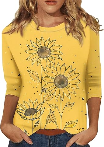 HTHLVMD Womens 3/4 Length Sleeve Tops 2025 Fall Fashion Floral Print Crewneck Causal Trendy Tunic Tops for Women