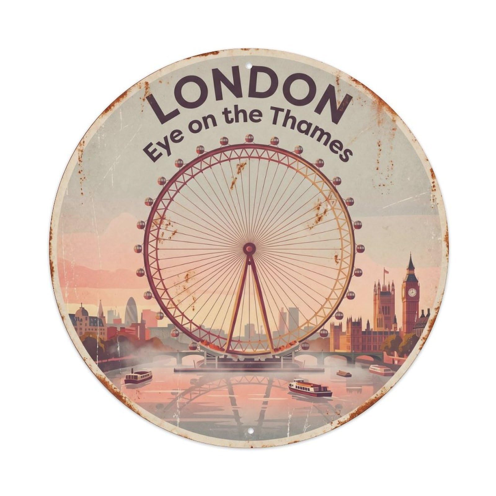 Vintage Travel London Eye Ferris Wheel Metal Tin Sign Plaque Wall Decor for Cafe, Club, Garden Round Metal Poster 8x8Inch