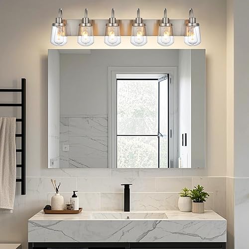 Miniatura 2 de YAOHONG Lámparas de tocador de baño en níquel satinado, 6 luces de tocador de granja con pantallas de vidrio transparente, accesorios de iluminación