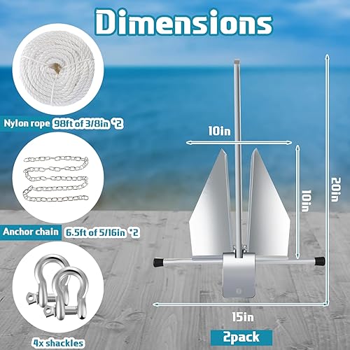 Miniatura 5 de Lounsweer Juego de 2 juegos de anclaje de barco galvanizado portátil con cadena de anclaje, cuerda de anclaje y grilletes para barcos de diferentes