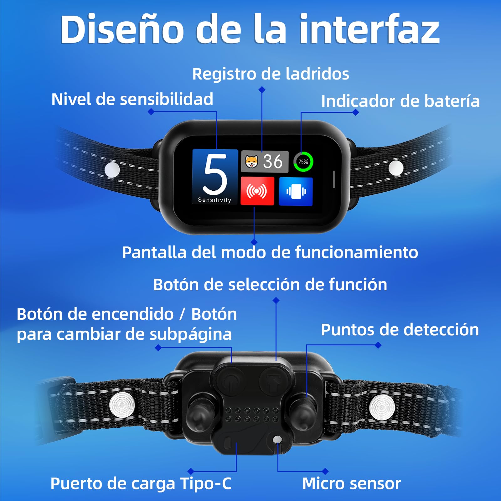 Collare Antiabbaio per Cani Piccoli Medi Grandi, Collare Addestramento Intelligente con 5 Modalità e Sensibilità Regolabile, Display LED, Batteria USB Ricaricabile, IP67 Impermeabile