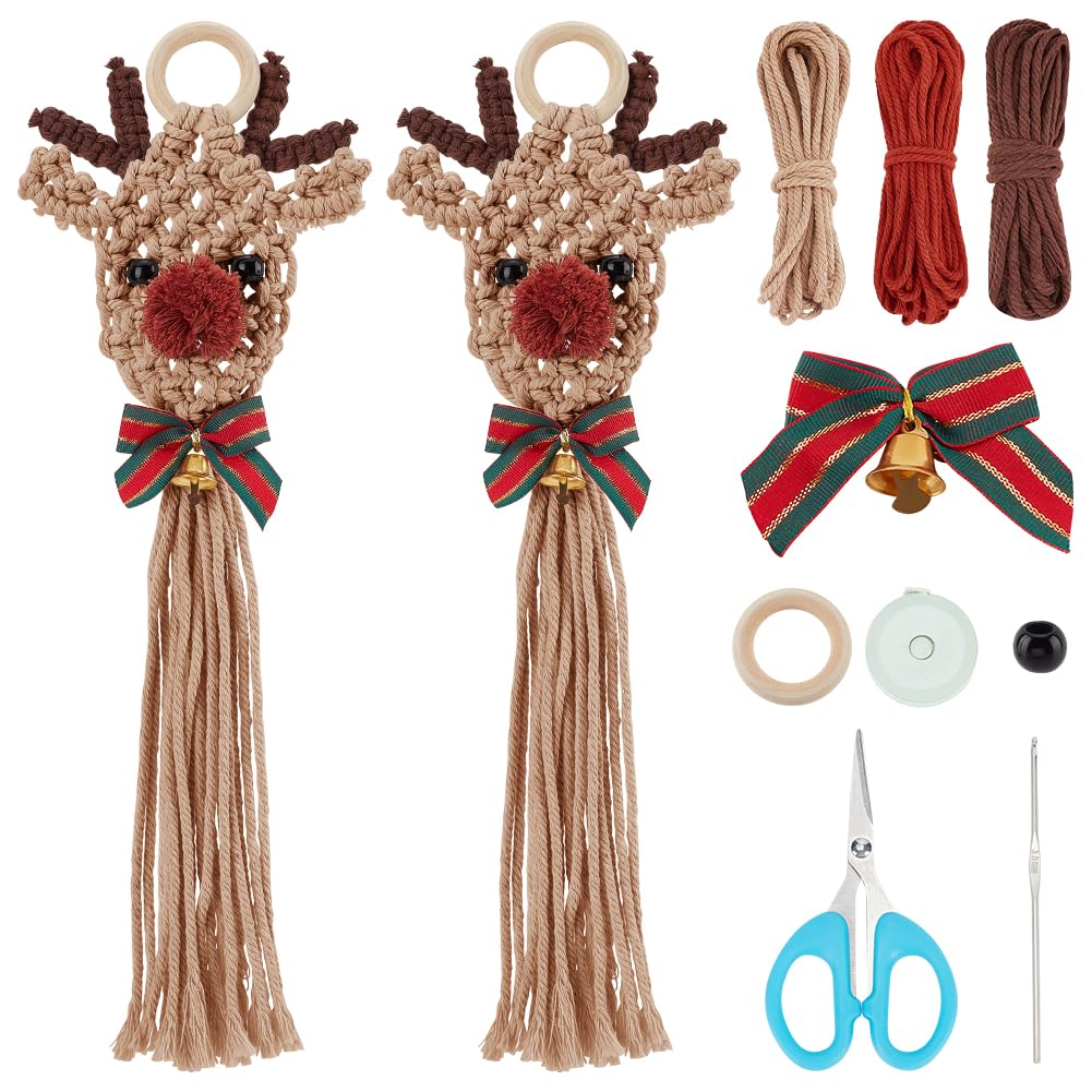 ORIGACH 2 Set DIY Macrame Xmas Elk Kit Easy Macrame Elk Christmas Ornament Kit with Instruction for Beginners Adults Macrame Christmas Hanging Decor for Home Decoration