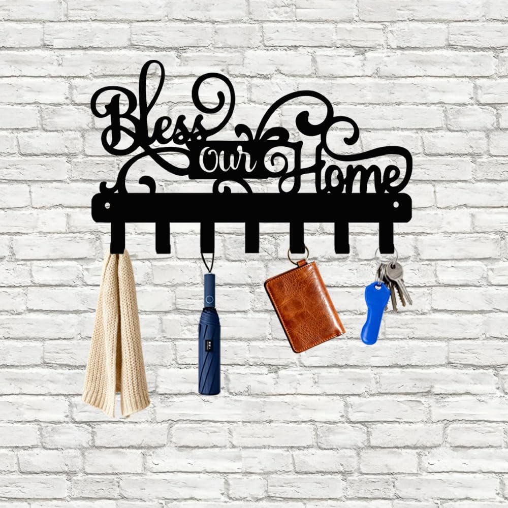 Bless Our Home Black Metal Key Holder, Dual Install, Entryway Rack for Keys Coats Hats Towels