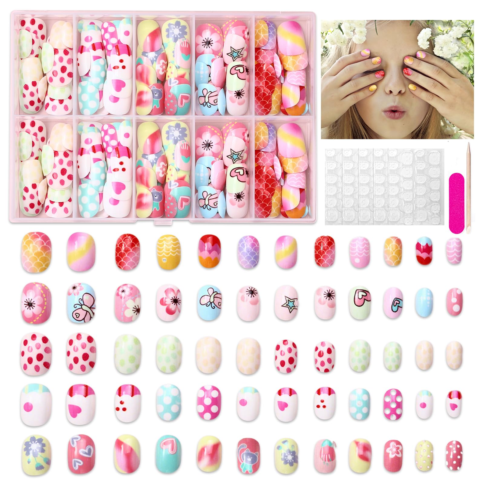 Photo 1 of 120Pcs Press on Nails for Kids, Wsimily Colorful Short Fake Nails for Children, Acrylic Full Cover False Nails, Fun and Safe Nail Art Kits for Girls with Jelly Nail Adhesives