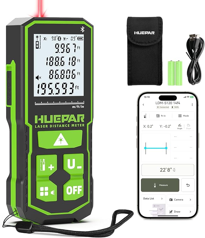 Herramienta de medición láser Bluetooth de 200 pies S60-BT, control de aplicación, medidor de distancia láser USB-C recargable, ±1/16" de alta precisión, sensor de ángulo, IP54, para distancia/área/volumen, regalos para hombres