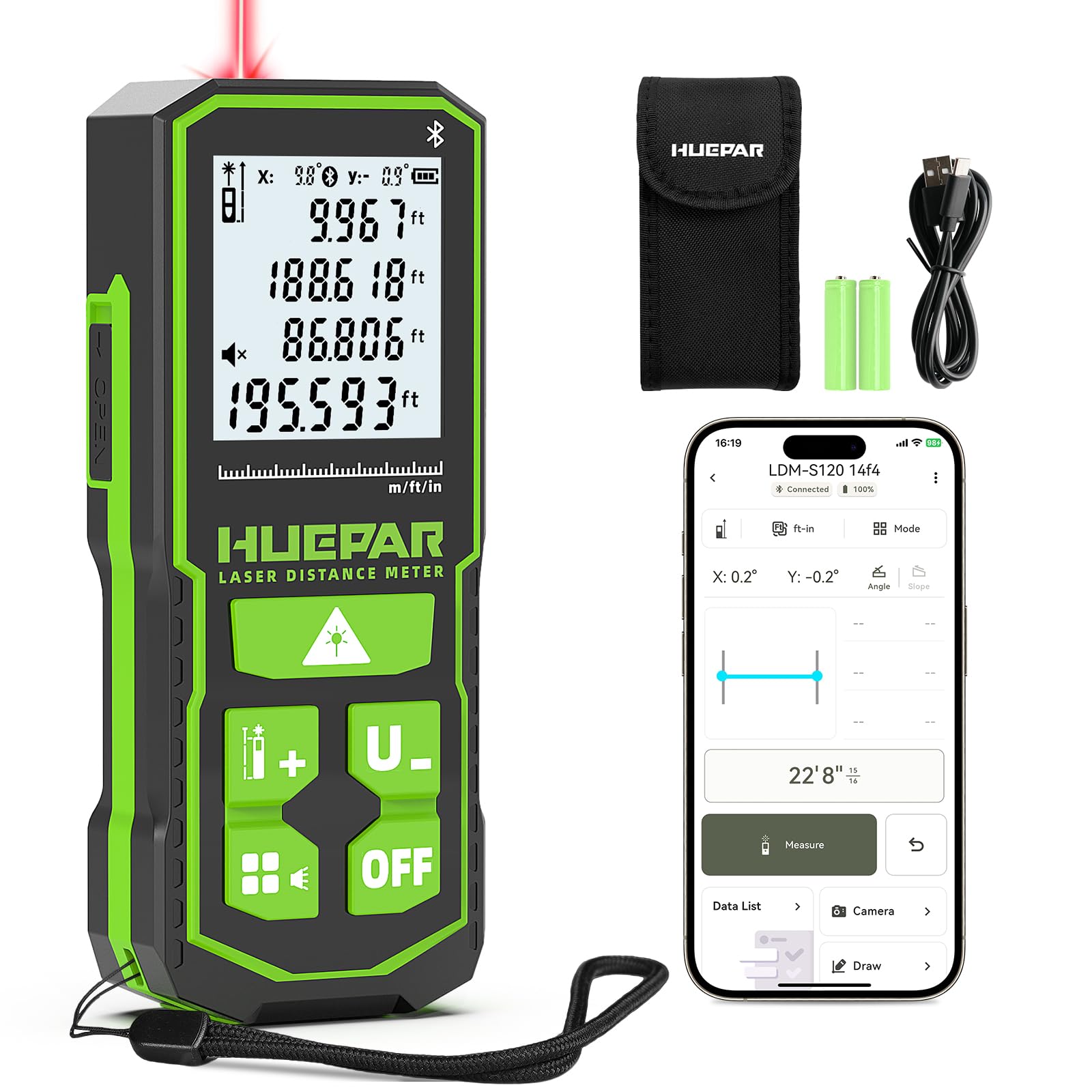 Huepar 330Ft Laser Measuring Tool with APP, 5 Years Warranty, Rechargeable Bluetooth Distance Meter, 1/16in Accuracy, Angle Sensor, Multiple Modes, IP54, Home&Construction, Fathers Days Dad Gifts — Amazon image 11