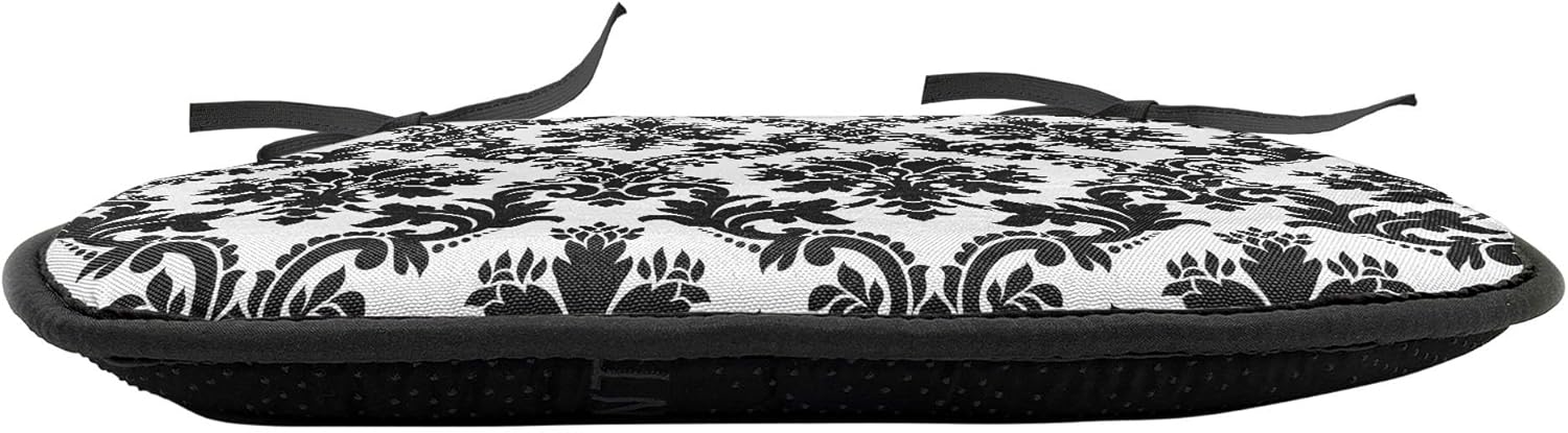 Lunarable Damask Chair Seating Cushion Set of 2, Vintage Style Pattern Classical Victorian Interior Design Elements Floral Print, Anti-Slip Seat Padding for Kitchen & Patio, 16"x16", Black and White