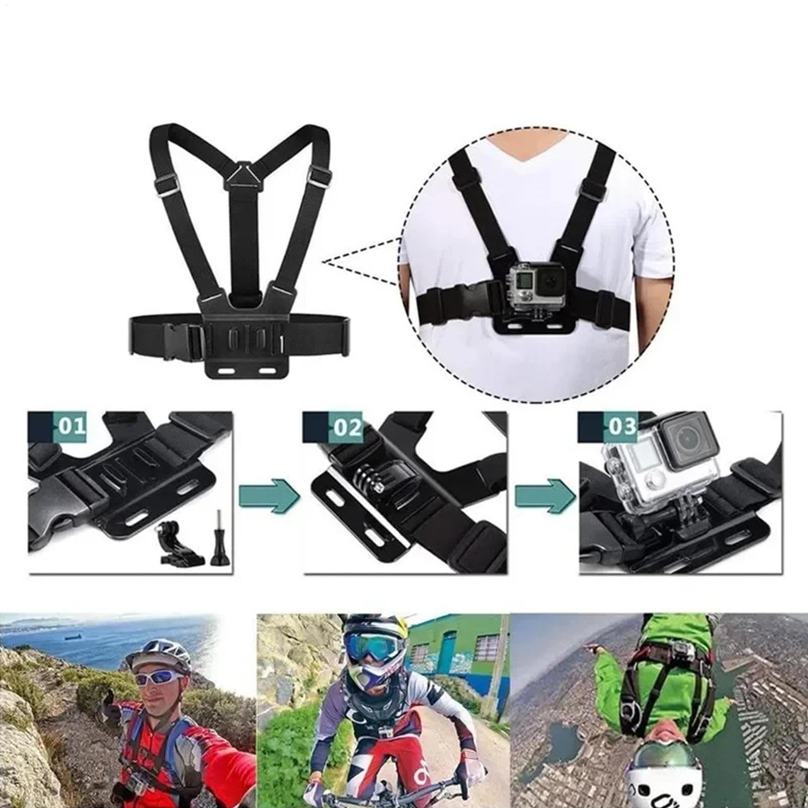 Support de poitrine pour caméra d'action réglable, kit de support de téléphone confortable, idéal pour la course, la natation et les activités intérieures et extérieures