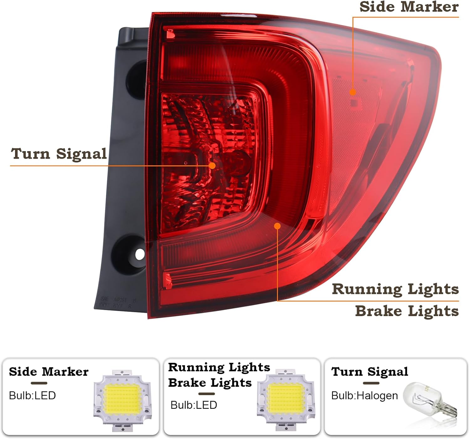 Right Passenger Side LED Outer Tail Light Fit for 2016 2017 2018 Honda Pilot Rear Brake Lamp RH HO2805107 33500TG7A01 HD668-B000R P24243CAPA