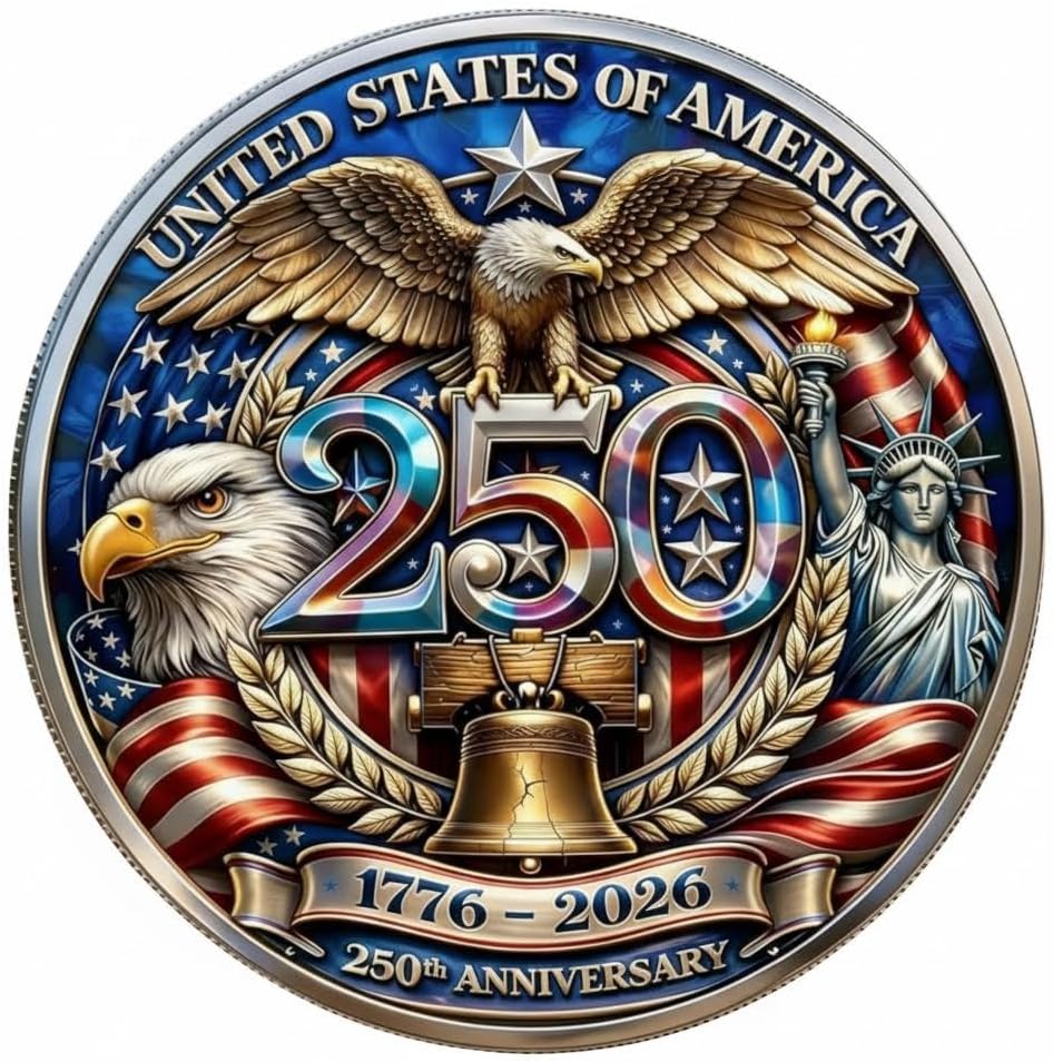 2026 US America 250th Anniversary Challenge Coin 1776-2026 American Eagle Liberty Bell Commemorative Medallion Veterans Military Gift Patriotic Semi-Precious Metal Collectible with Enamel Color