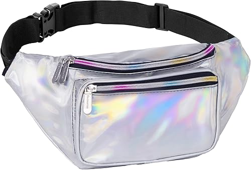 SoJourner Riñonera holográfica para festivales, mujeres, hombres, bonitos bolsos de cinturón de moda, Holográfico - Plata), A-22