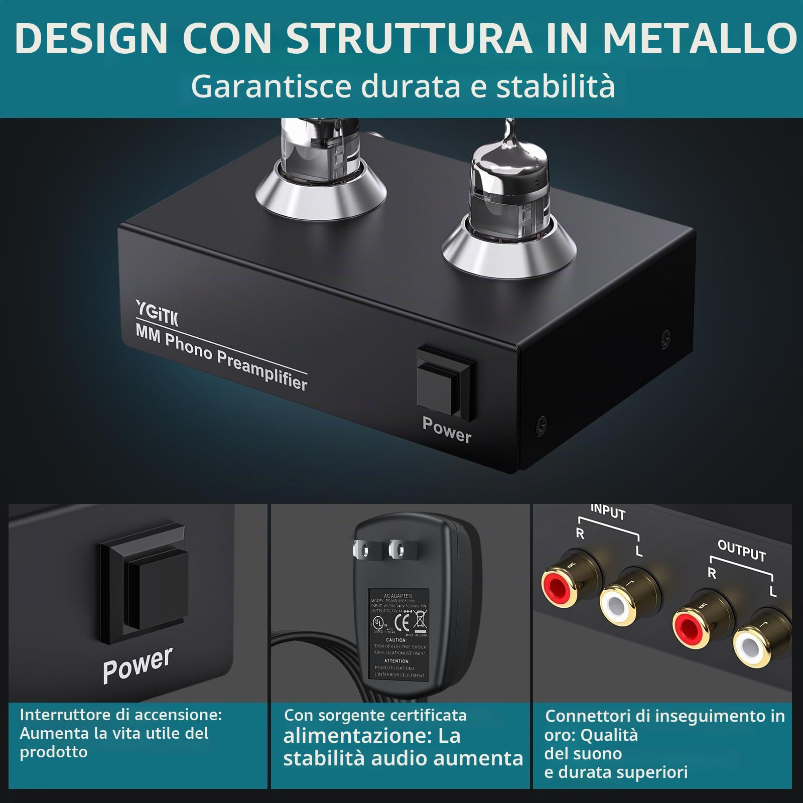 Preamplificatore Phono a Valvola con Tubo 6J2 per Giradischi MM, Design a Basso Rumore, Connettori RCA Oro, Alimentatore Certificato - per Sistema Hi-Fi Vinile