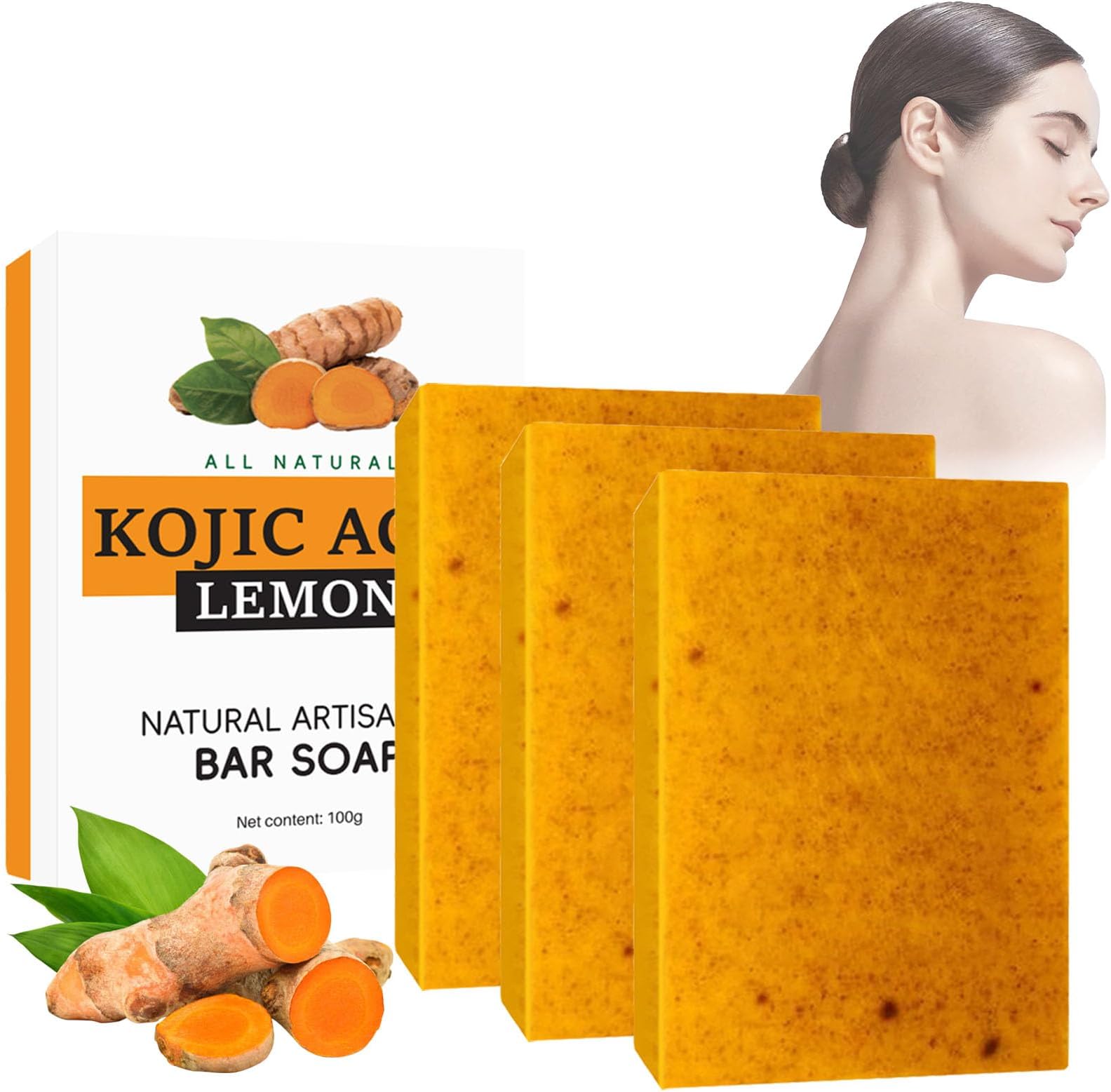 3PCS Turmeric Soap - Natural Kojic Acid Soap for Skin Li_ghtening - Body & Face Kojic Acid Soap Original - Handmade Tumeric Soap for Acne, Dark Spots, Smooth Skin, Moisturizing (300g (Pack of 3))
