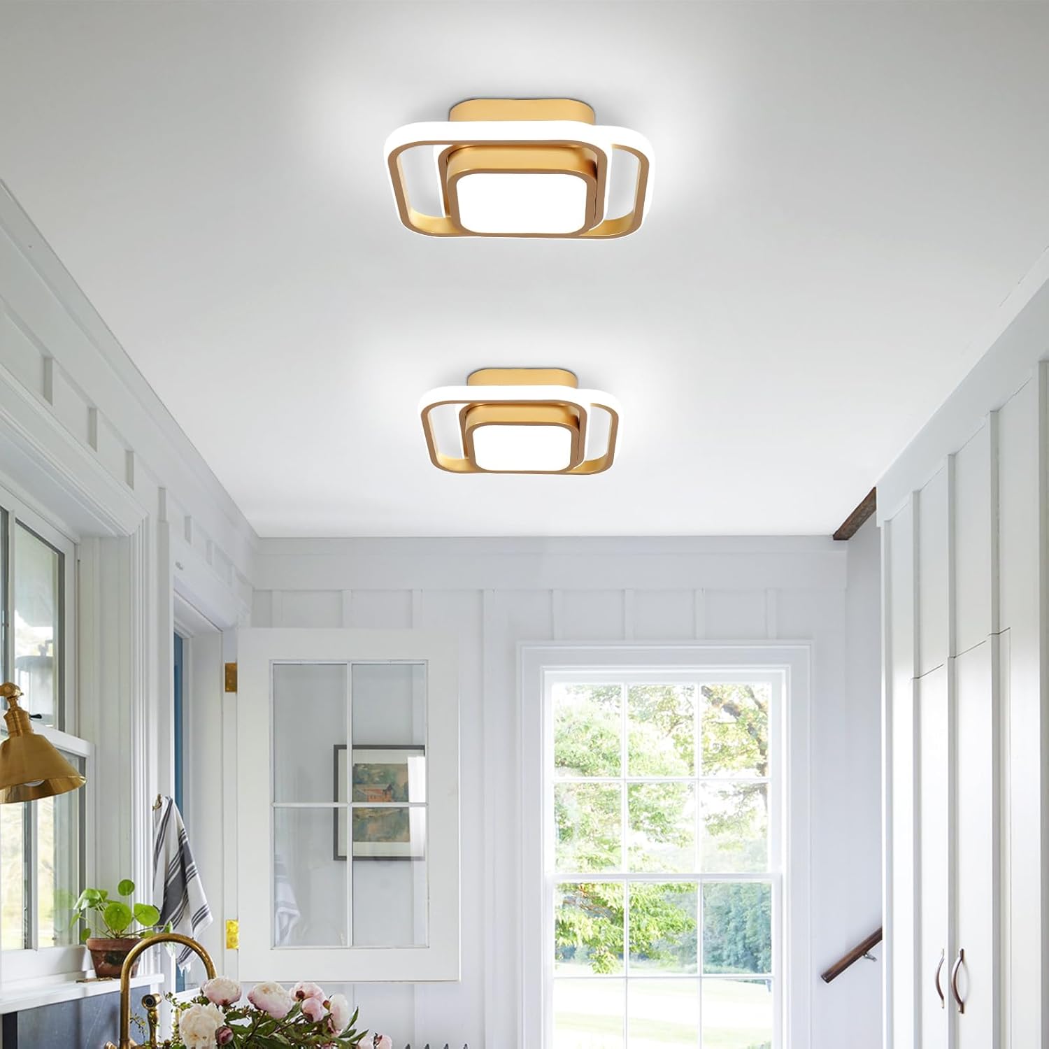 CANEOE Gold Modern Ceiling Light,Small Square Hallway Ceiling Lamp Cool White 6000K Ceiling Lighting Fixtures for Hallway Bedroom Kitchen Living Room Laundry Room Corridor Ceiling Lights