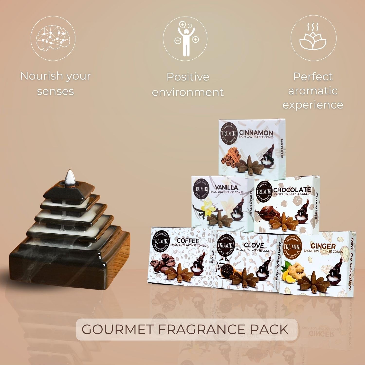 Trumiri Gourmet Rückfluss-Räucherkegel – Sortimentspackung – insgesamt 60 Räucherkegel Wasserfall (6 Düfte x 10 Conos) – Vanille, Zimt, Kaffee, Schokolade, Nelke, Ingwer – Räucherkegel
