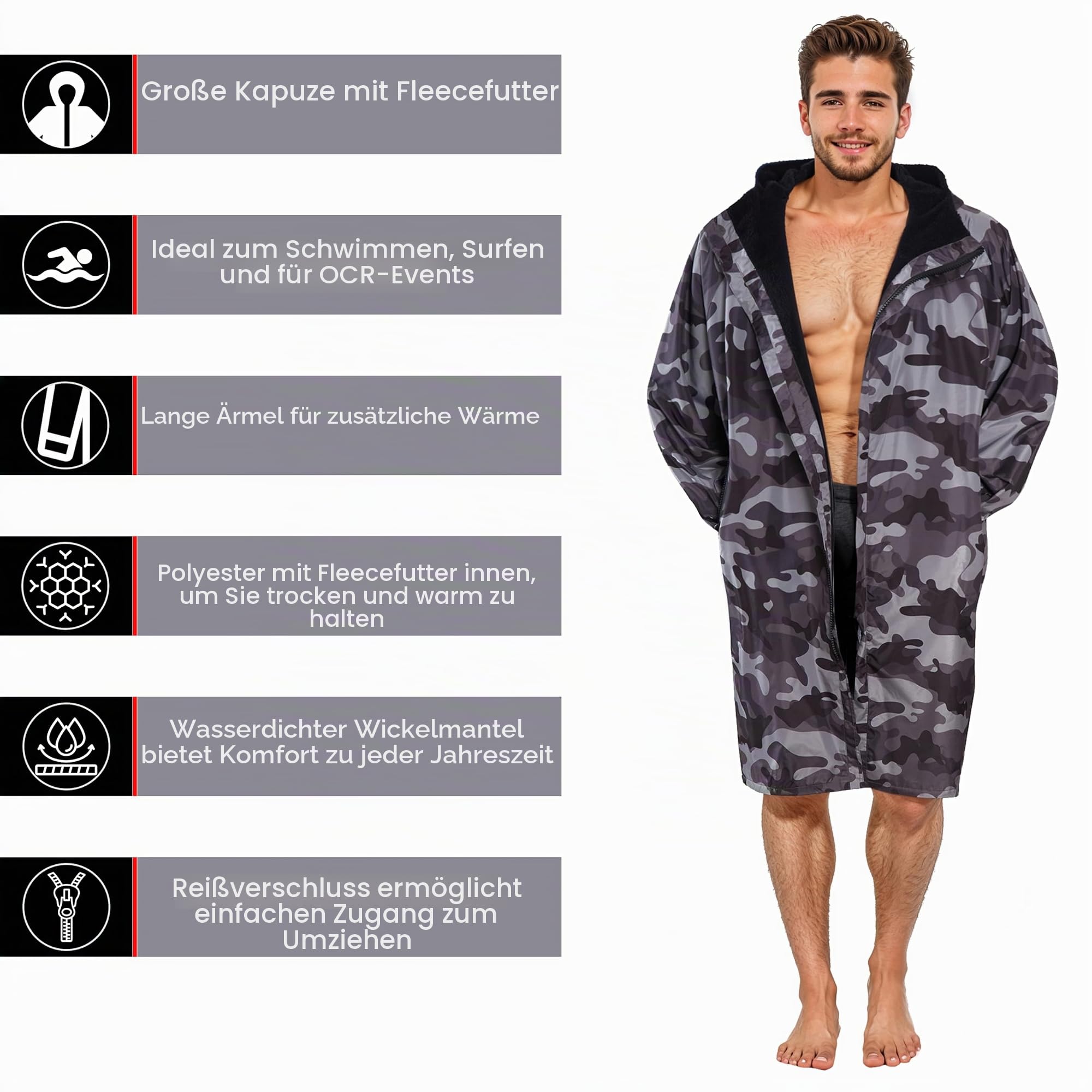 Heatwave Unisex Outdoor-Bademantel, langärmelig, winddicht und wasserdicht, Kapuzenmantel für Strand, Wildschwimmen, Surfen, Übergröße, schnell trocknend