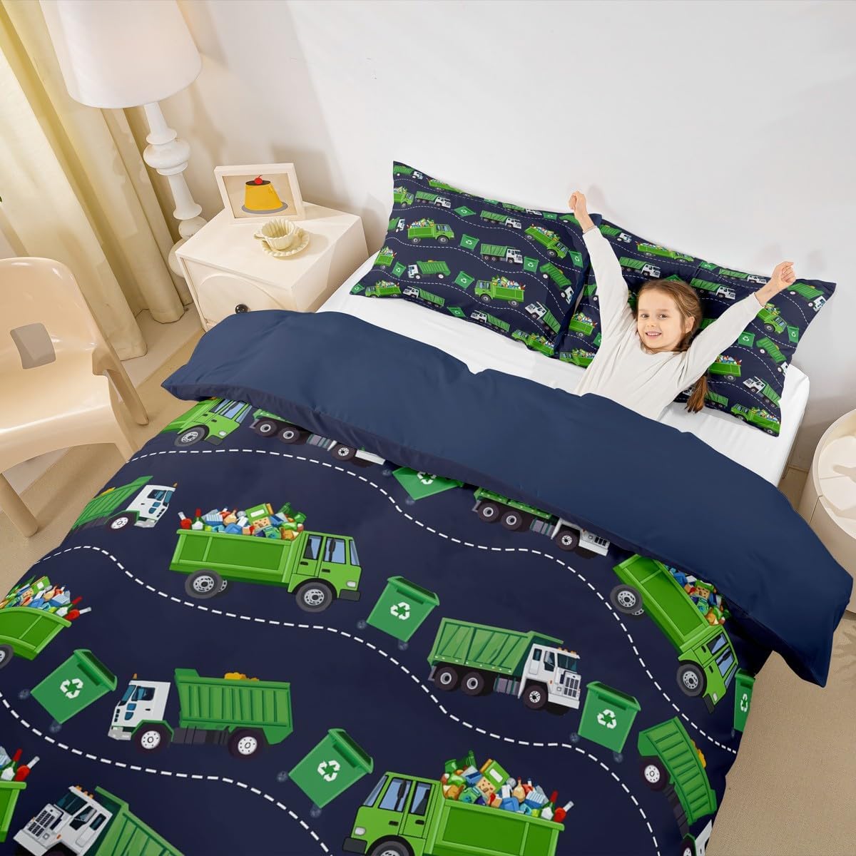 Feelyou Garbage Trucks Bedding Set Full Kids Cartoon Car Comforter Cover Set for Boys Teens Rubbish Car Duvet Cover Breathable Vehicles Blue Green Bedspread Cover Room Decor Quilt Cover