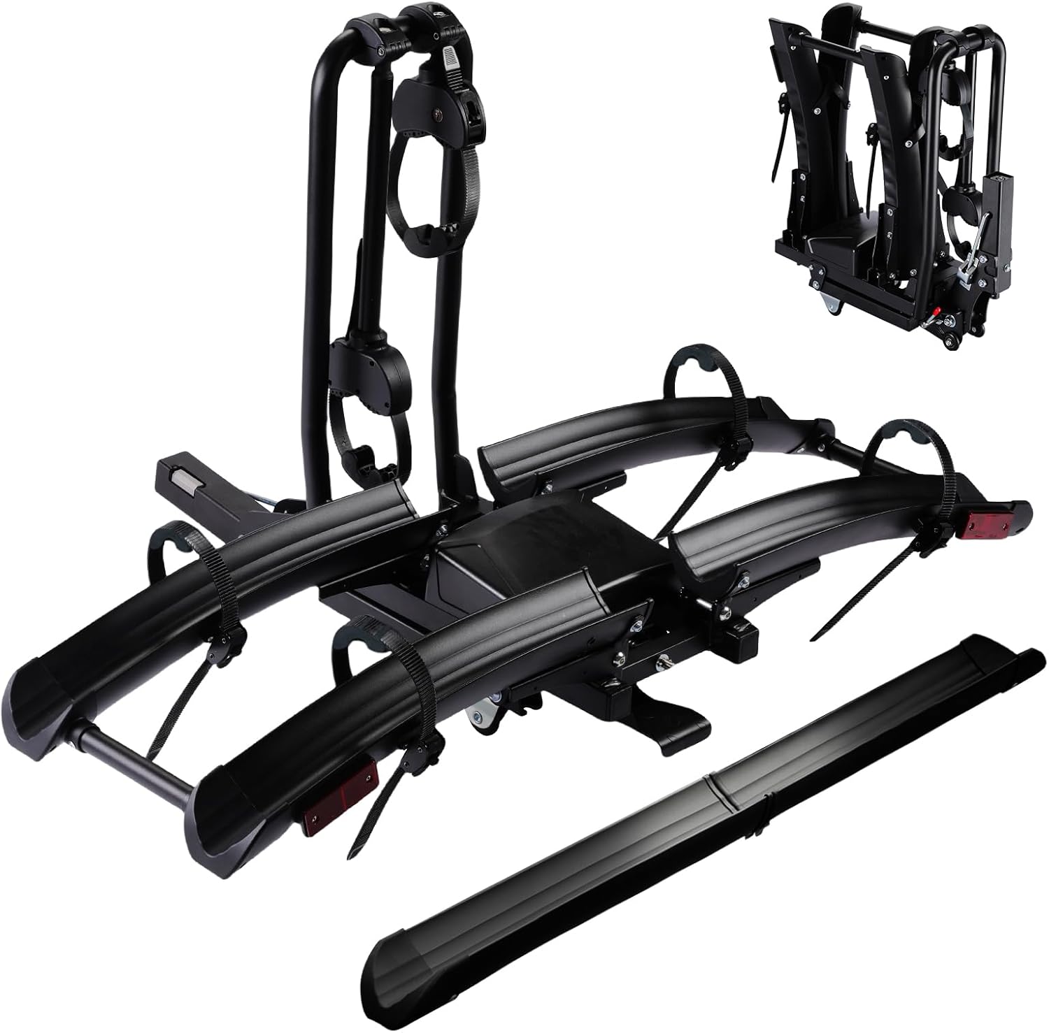 Foldable Electric Bike Rack Hitch Mount with Ramp for 2″ Receiver, 2 Bike Rack for Car, Up to 4’’ Fat Tire, 136 lbs Capacity, with Locks, Tiltable, Wheels for Easy Transport