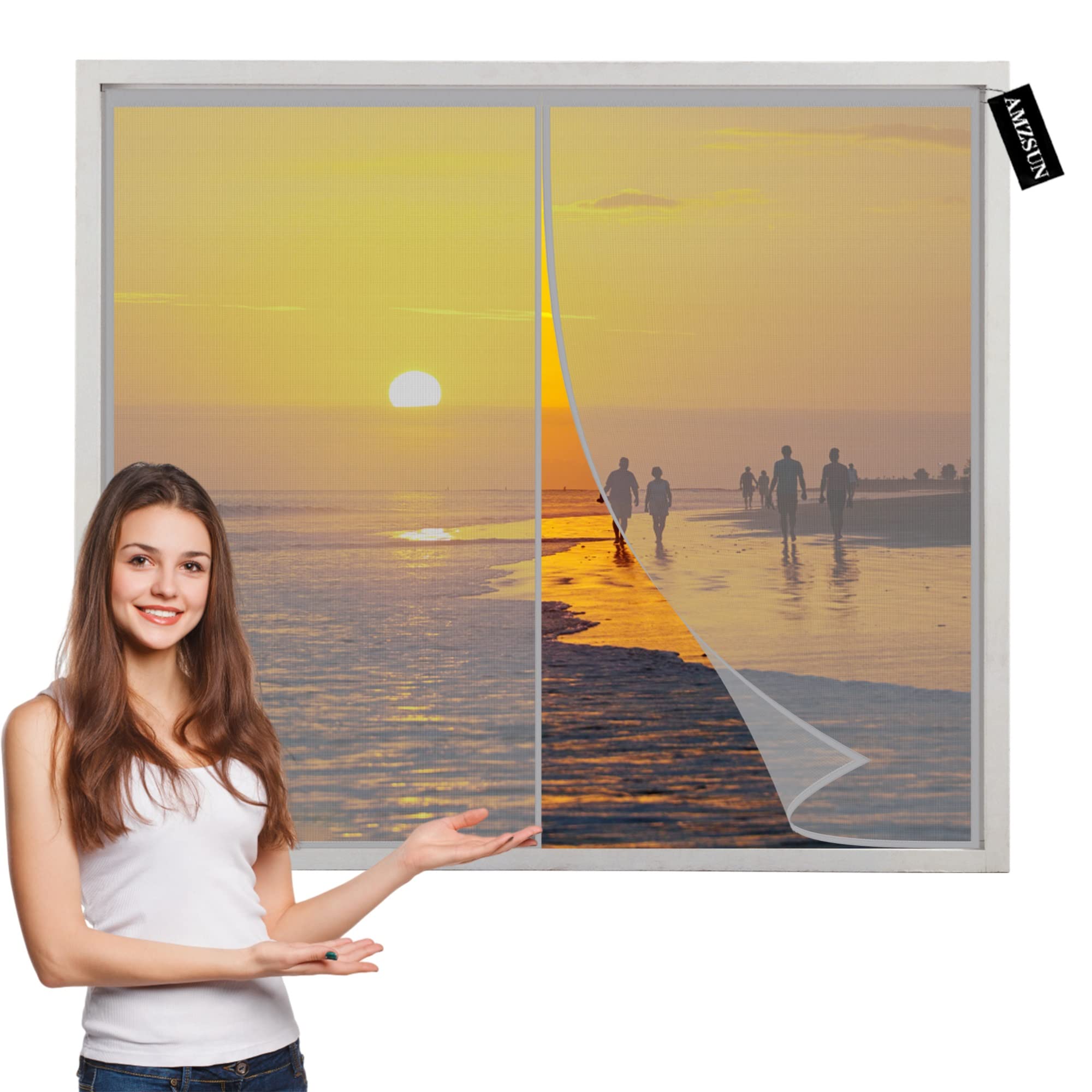 Amzsun Grey Magnetic Window Screen 60X110cm Fly Screen Mesh Curtain - Without Drilling Self Closing Fly Screen Insects Screen For Living Room Kitchen Window