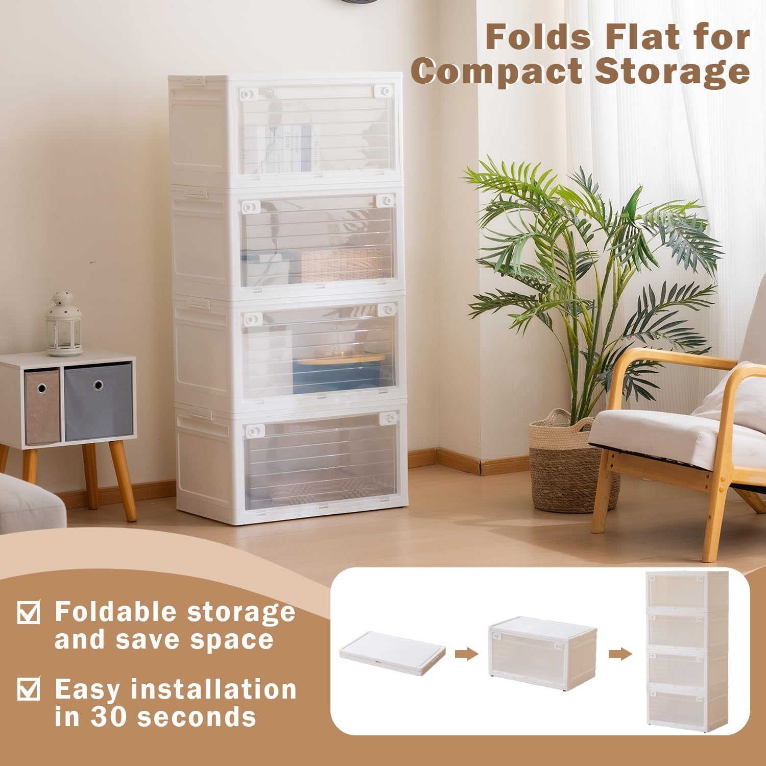 101QT Plastic Stackable Storage Bins, 4 Pack Collapsible Plastic Storage Bins with Lid, Doors & Wheels, for Closet Bedroom, White